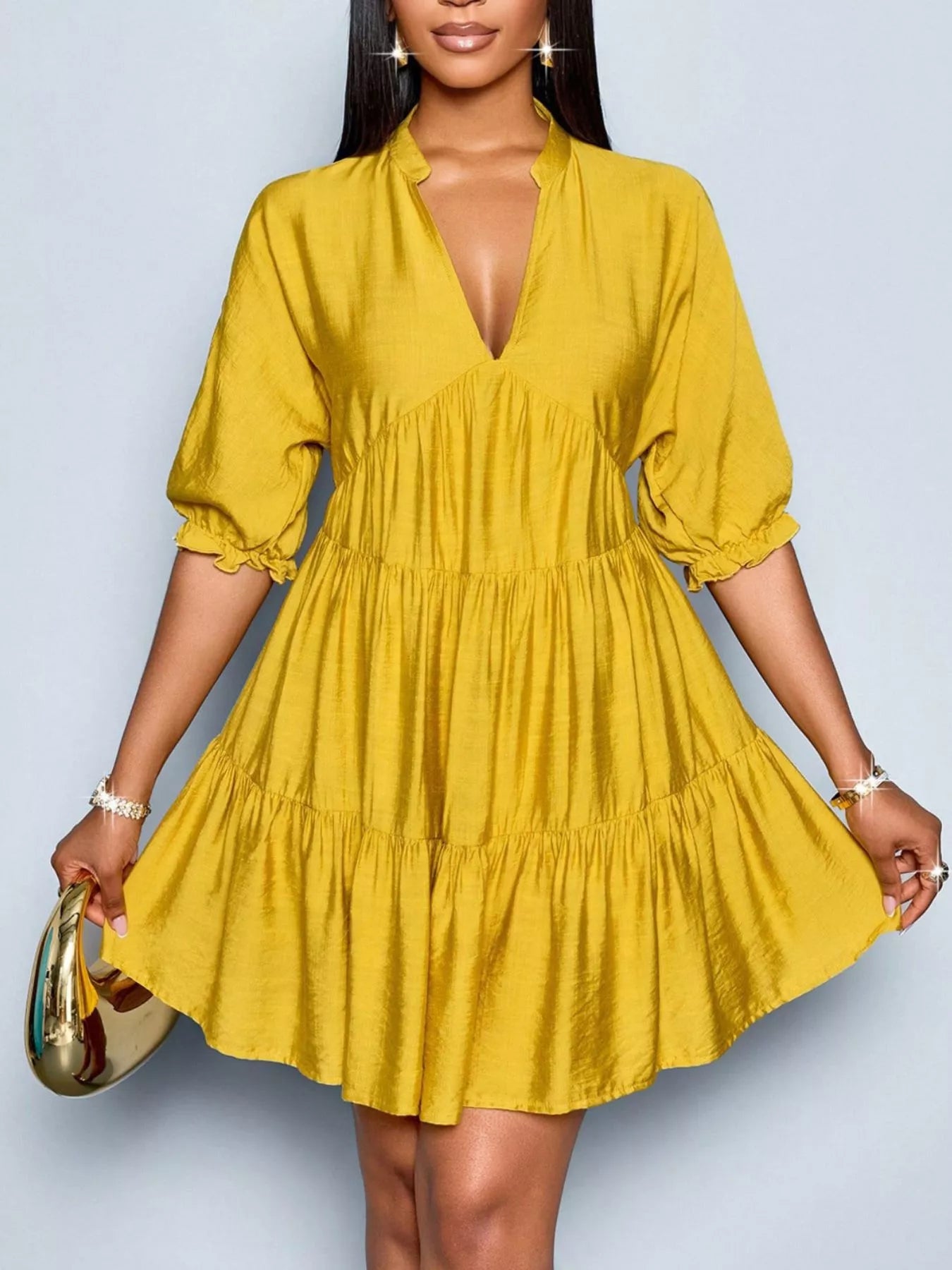 Notched Half Sleeve Tiered Dress