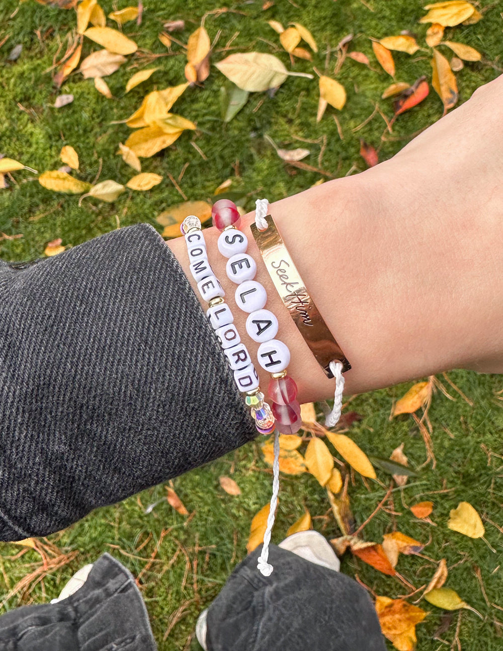 Elevated Faith Come Lord Letter Bracelet — detail close-up