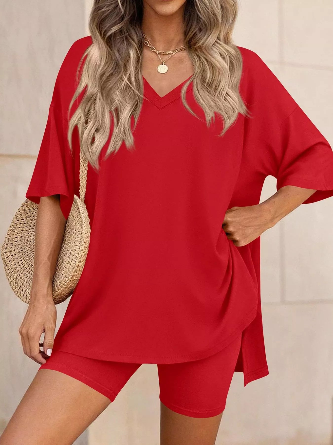 Full Size Casual Loose V-Neck T-Shirt & Shorts Set Plus Size
