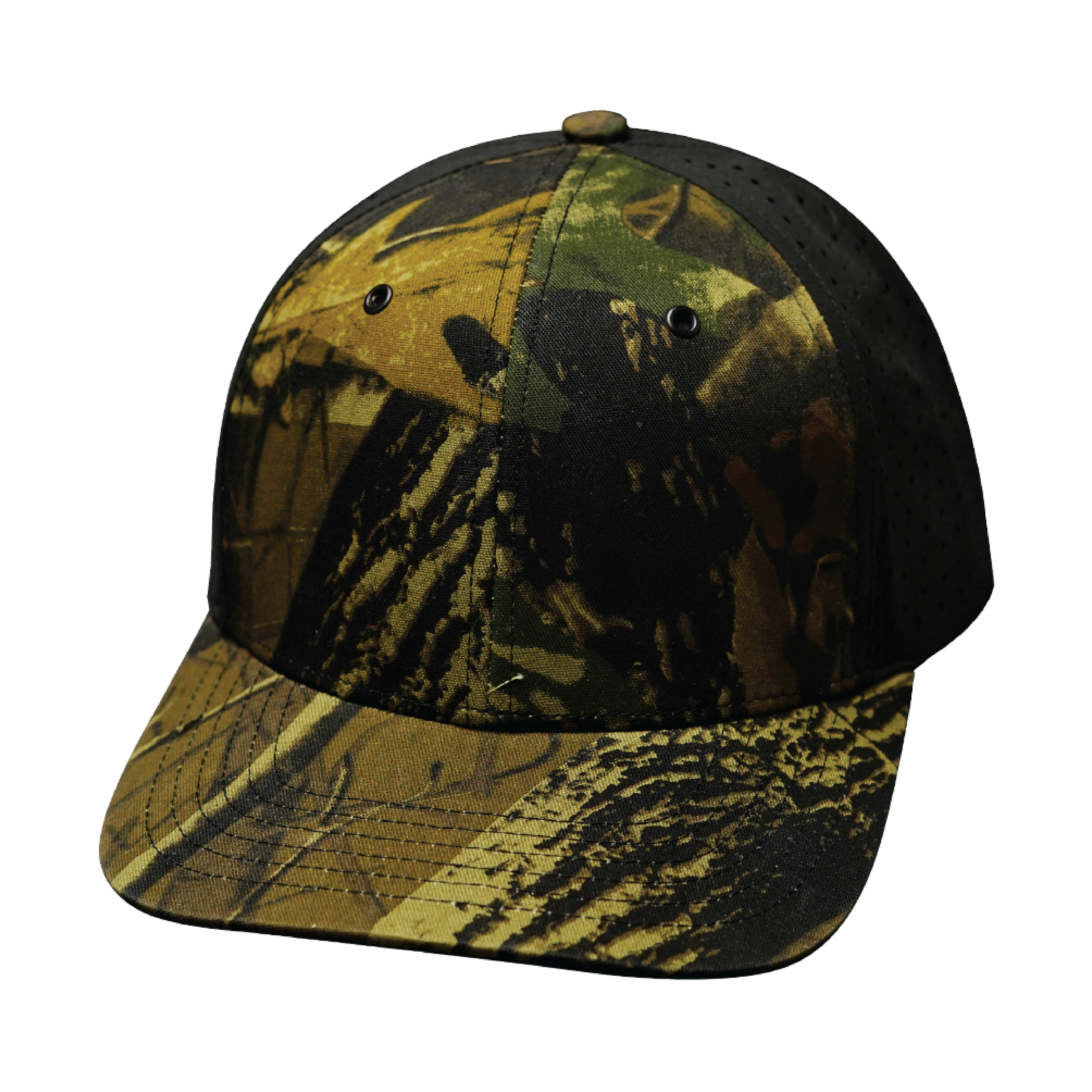 The Heartbeat Brand Blank 6 Panel Hat — Tan Tree Camo / Black (Unisex) — main product shot