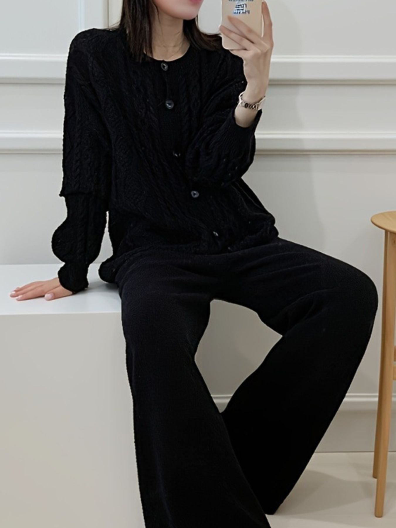 Cable Knit Cardigan & Wide Leg Pants Sweater Set