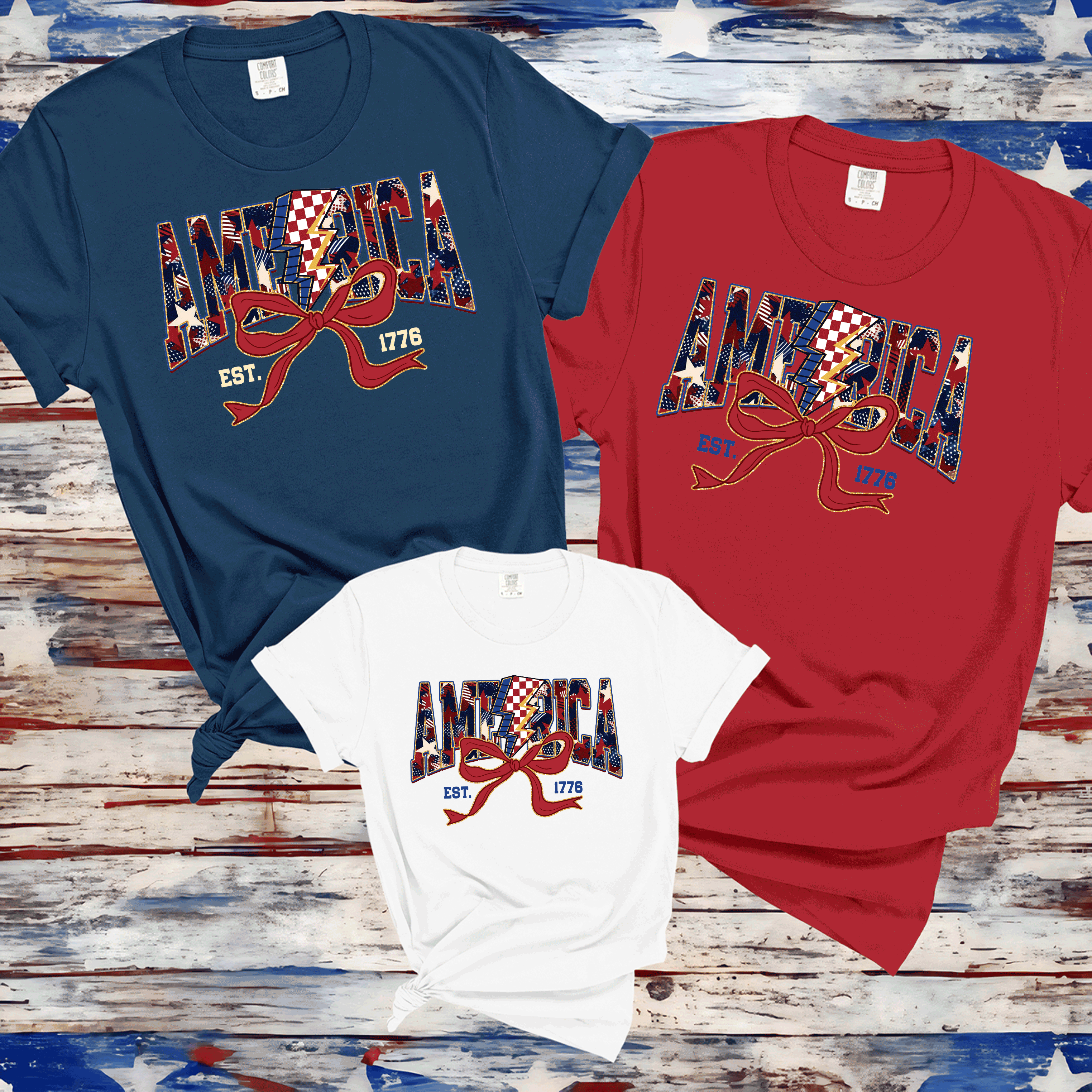 A Blessed Texas Mess Boutique America Est 1776, Checkered Lightning Bolt, 4th of july Coquette Bow Land of… — dtf / graphic shirts category context