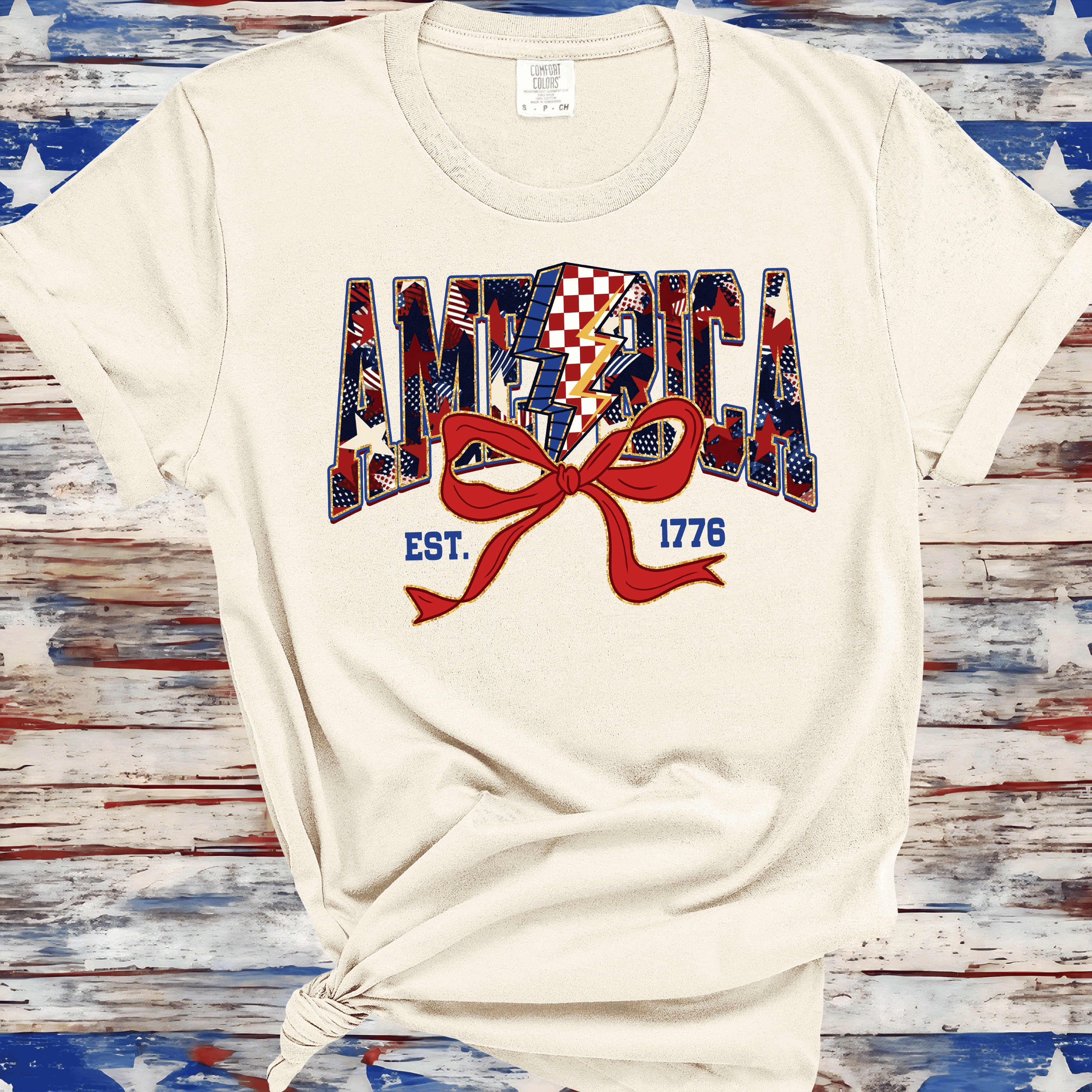 A Blessed Texas Mess Boutique America Est 1776, Checkered Lightning Bolt, 4th of july Coquette Bow Land of… — construction detail