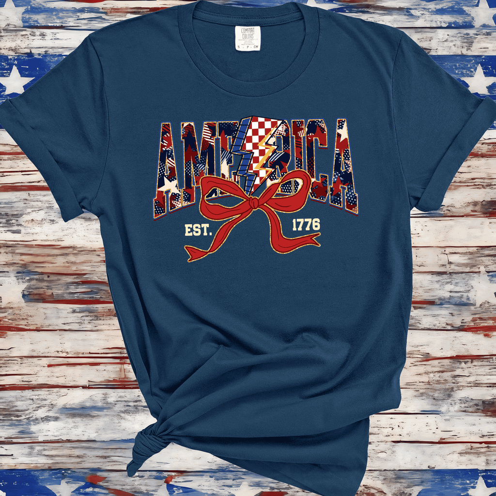 A Blessed Texas Mess Boutique America Est 1776, Checkered Lightning Bolt, 4th of july Coquette Bow Land of… — detail shot 6