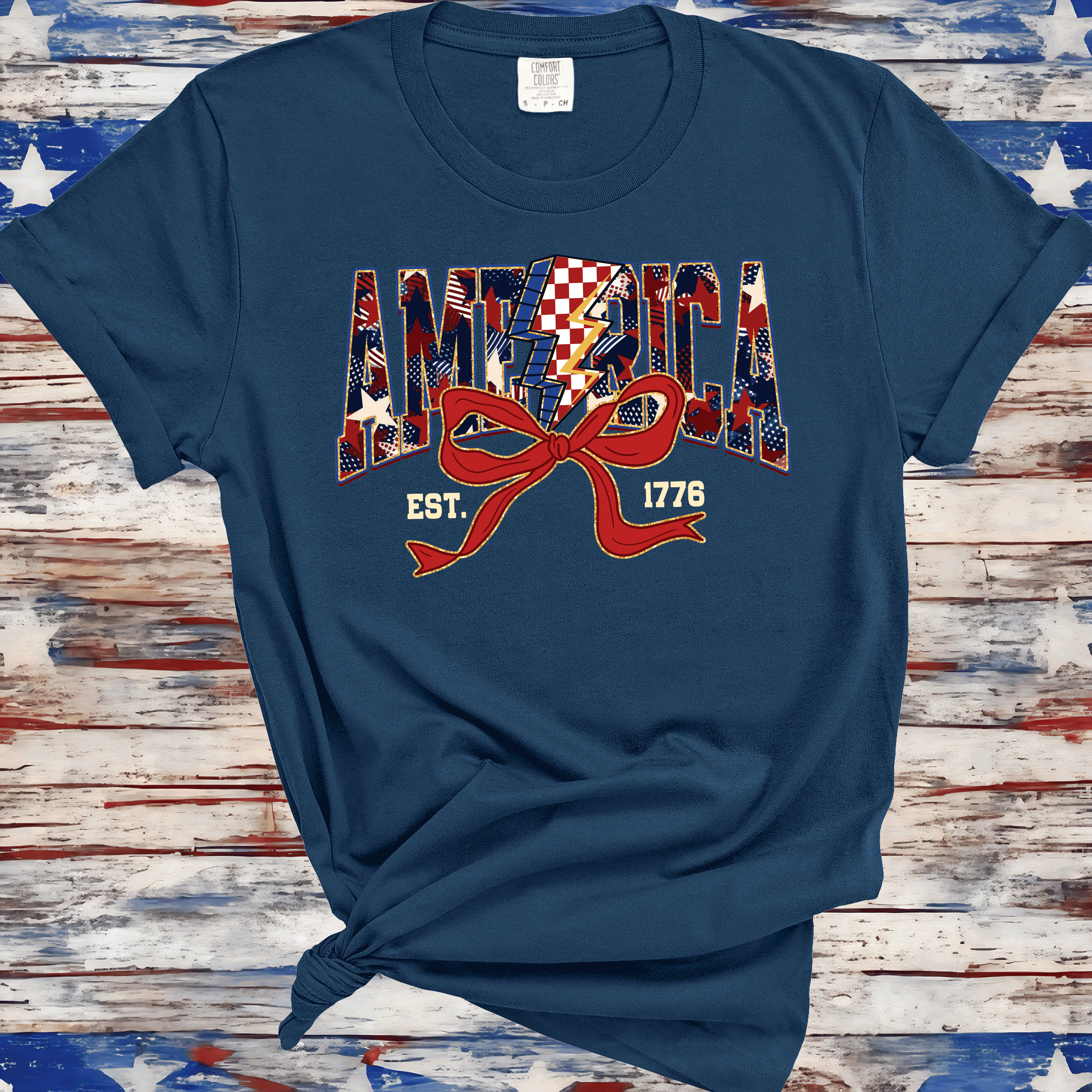 A Blessed Texas Mess Boutique America Est 1776, Checkered Lightning Bolt, 4th of july Coquette Bow Land of… — detail shot 6