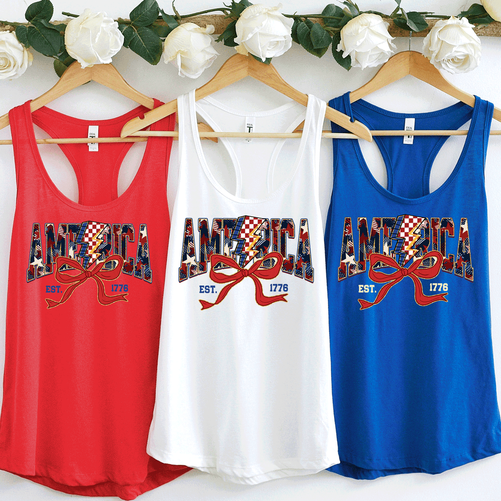 A Blessed Texas Mess Boutique America Est 1776, Checkered Lightning Bolt, 4th of july Coquette Bow Land of… — lifestyle worn / used context