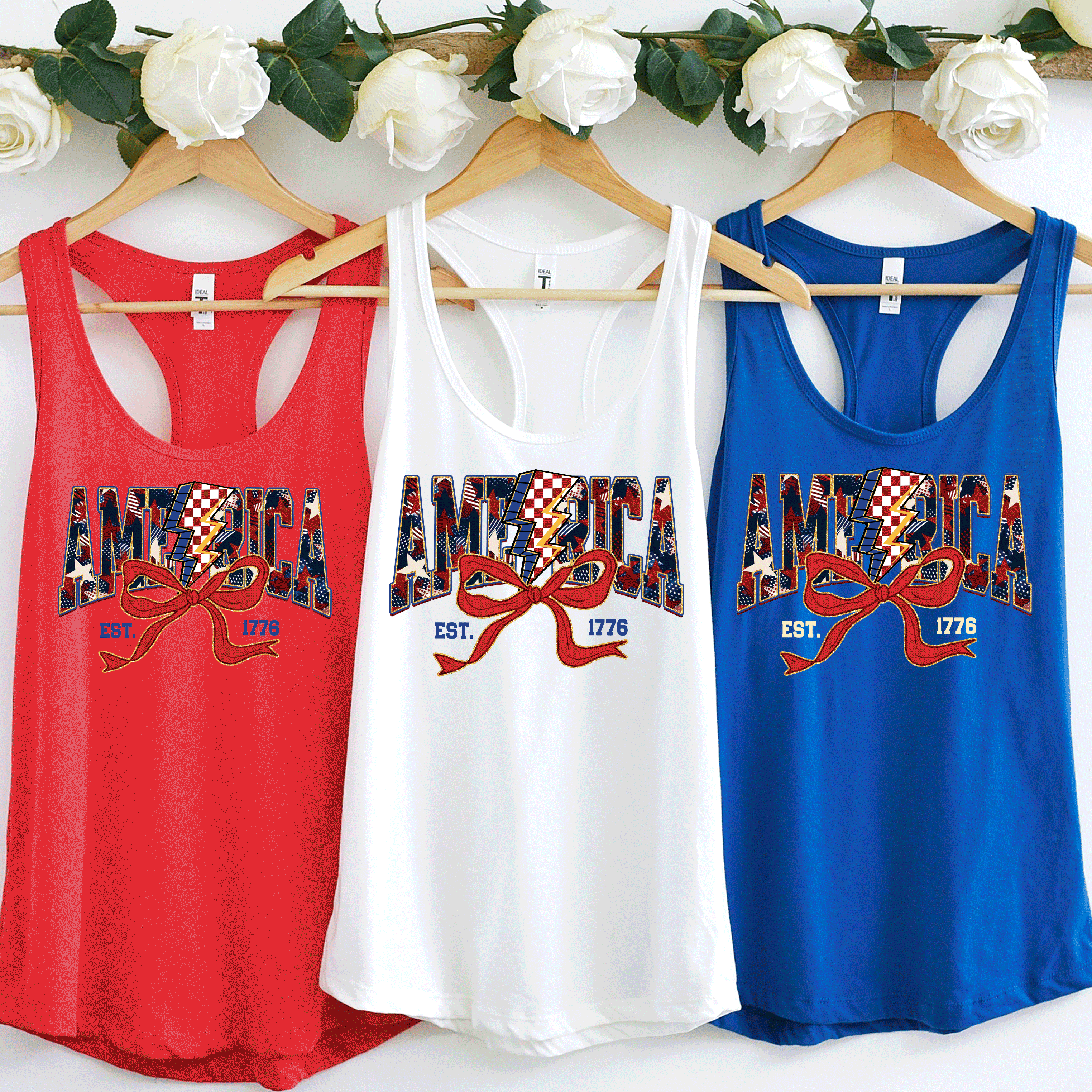 A Blessed Texas Mess Boutique America Est 1776, Checkered Lightning Bolt, 4th of july Coquette Bow Land of… — lifestyle worn / used context