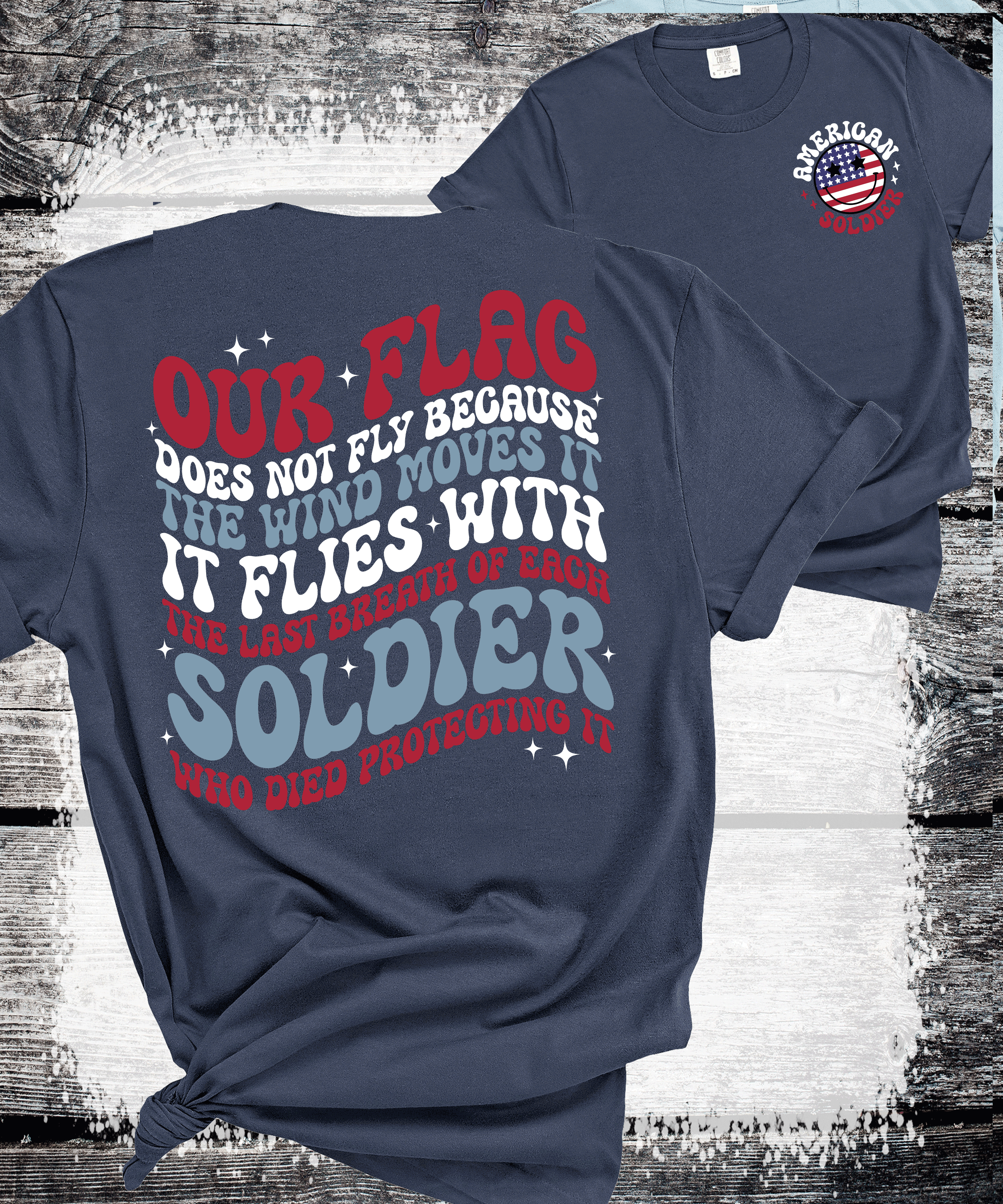 A Blessed Texas Mess Boutique American Soldier Our Flag Died Protecting the flag American The beautiful Red… — A Blessed Texas Mess Boutique branding close-up
