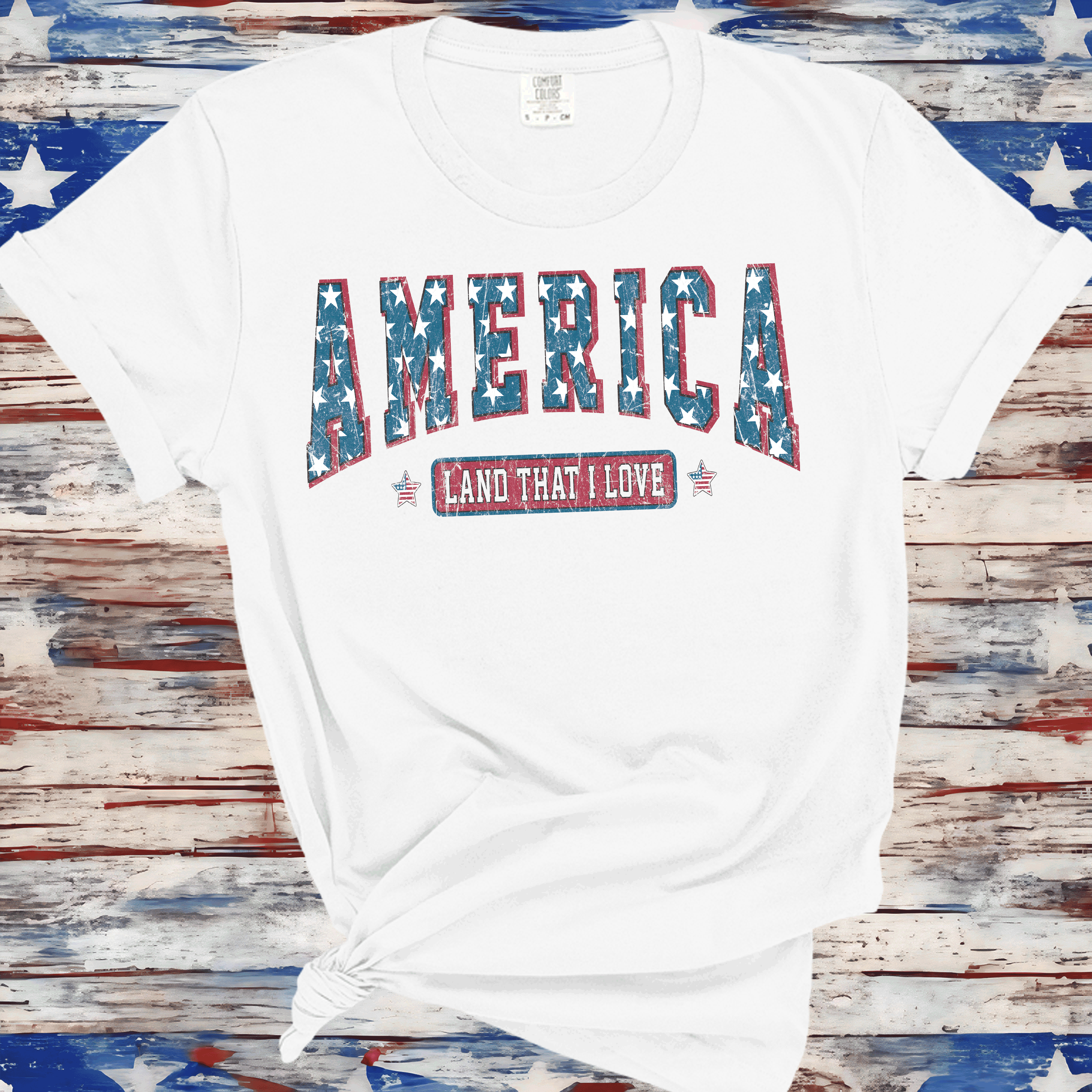 A Blessed Texas Mess Boutique America Land Of The Free Shirt, 4th of July Shirt, Stars stripes  Shirt,… — A Blessed Texas Mess Boutique branding close-up