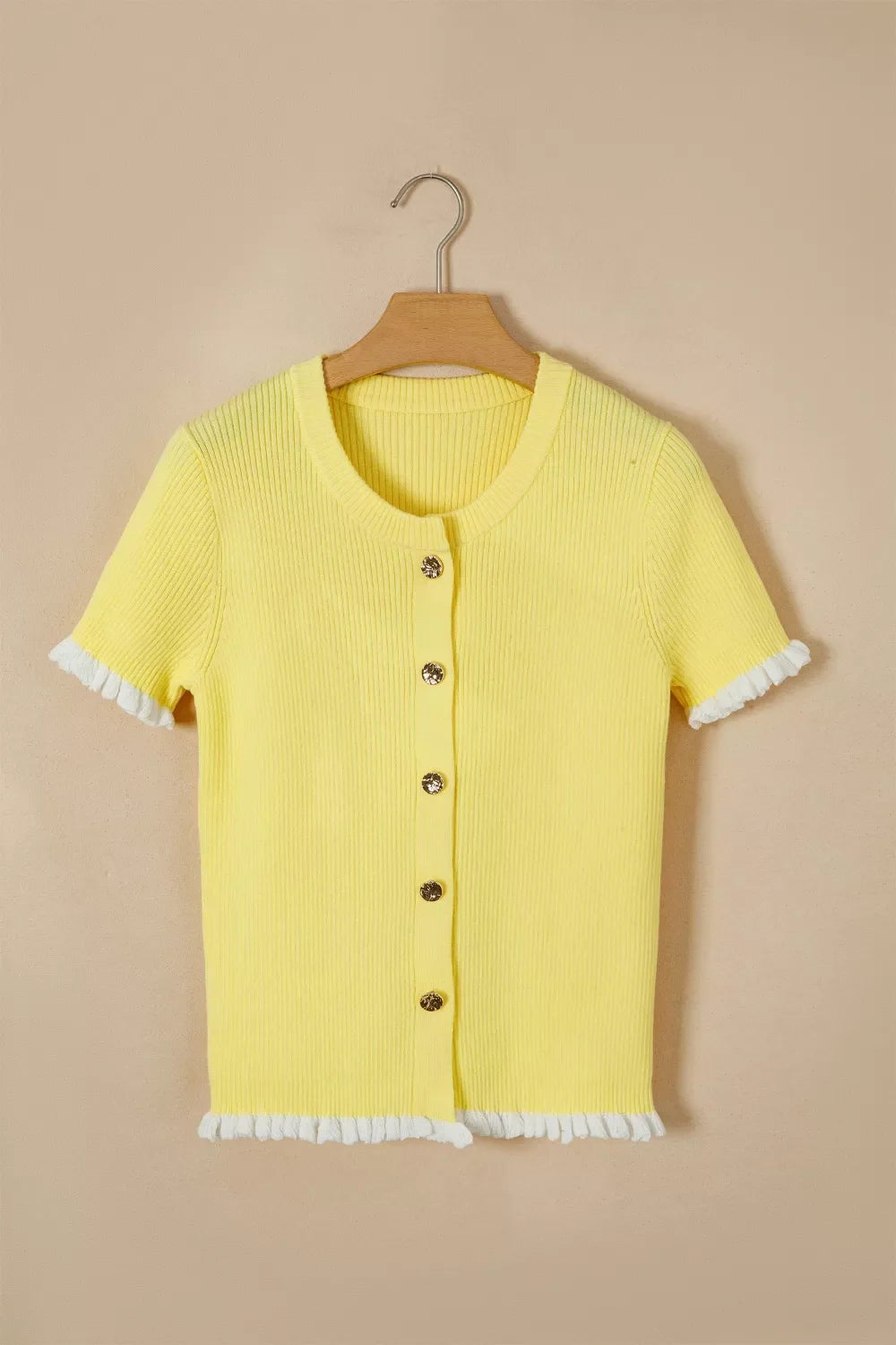 Ribbed Knit Contrast Frilled Short Sleeve Sweater Cardigan