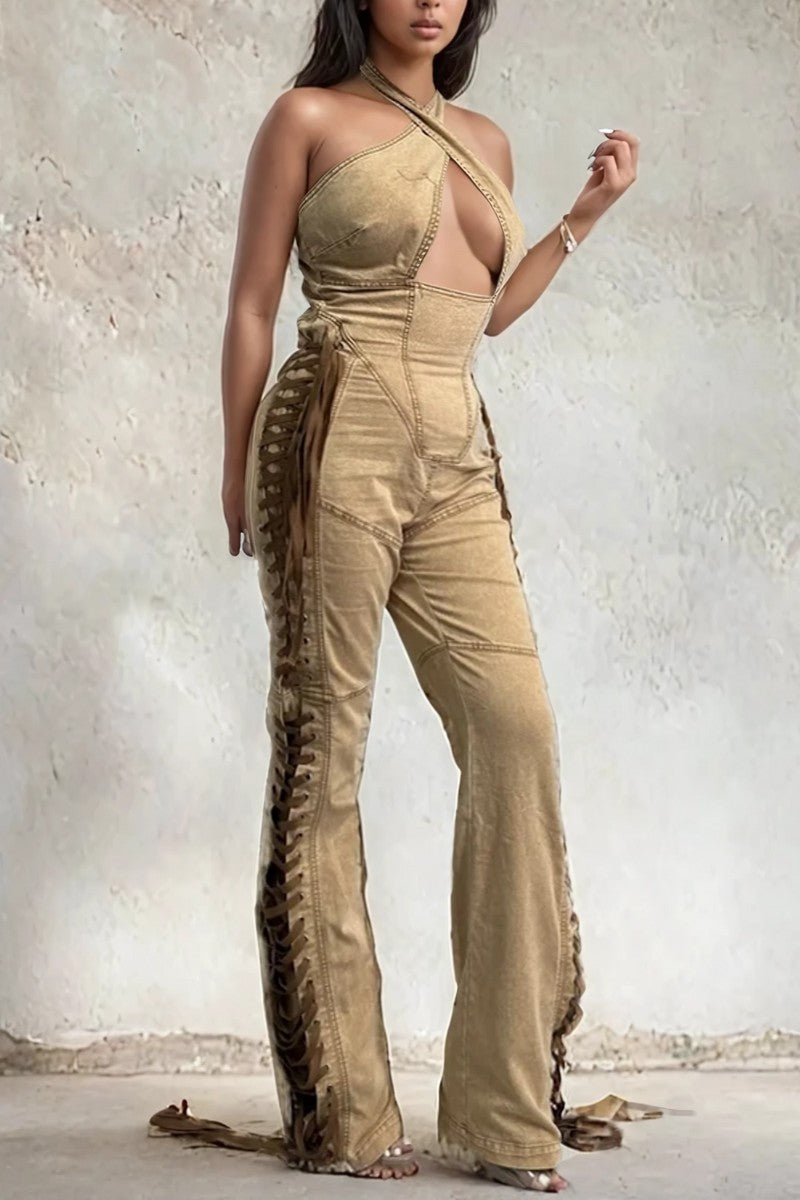 Crisscross Halter Lace-Up Denim Jumpsuit – Camel