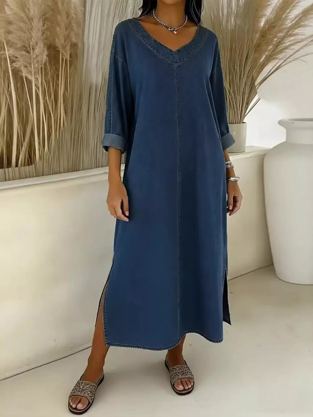 Side Slit V-Neck Midi Dress