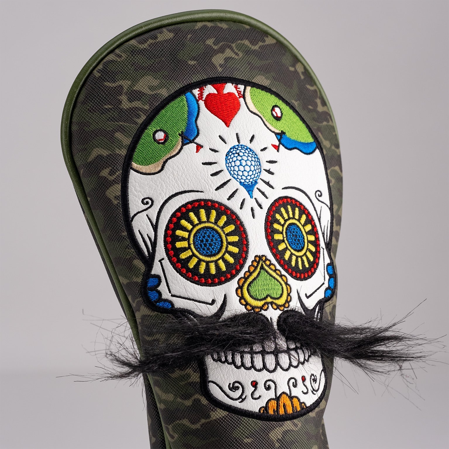 Mustache Sugar Skull - Fairway Cover Green Camo – Pins and Aces, view 3