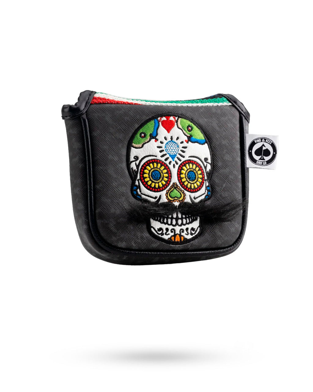 Pins and Aces Mustache Sugar Skull - Mallet Putter Cover Gray Camo — detail close-up