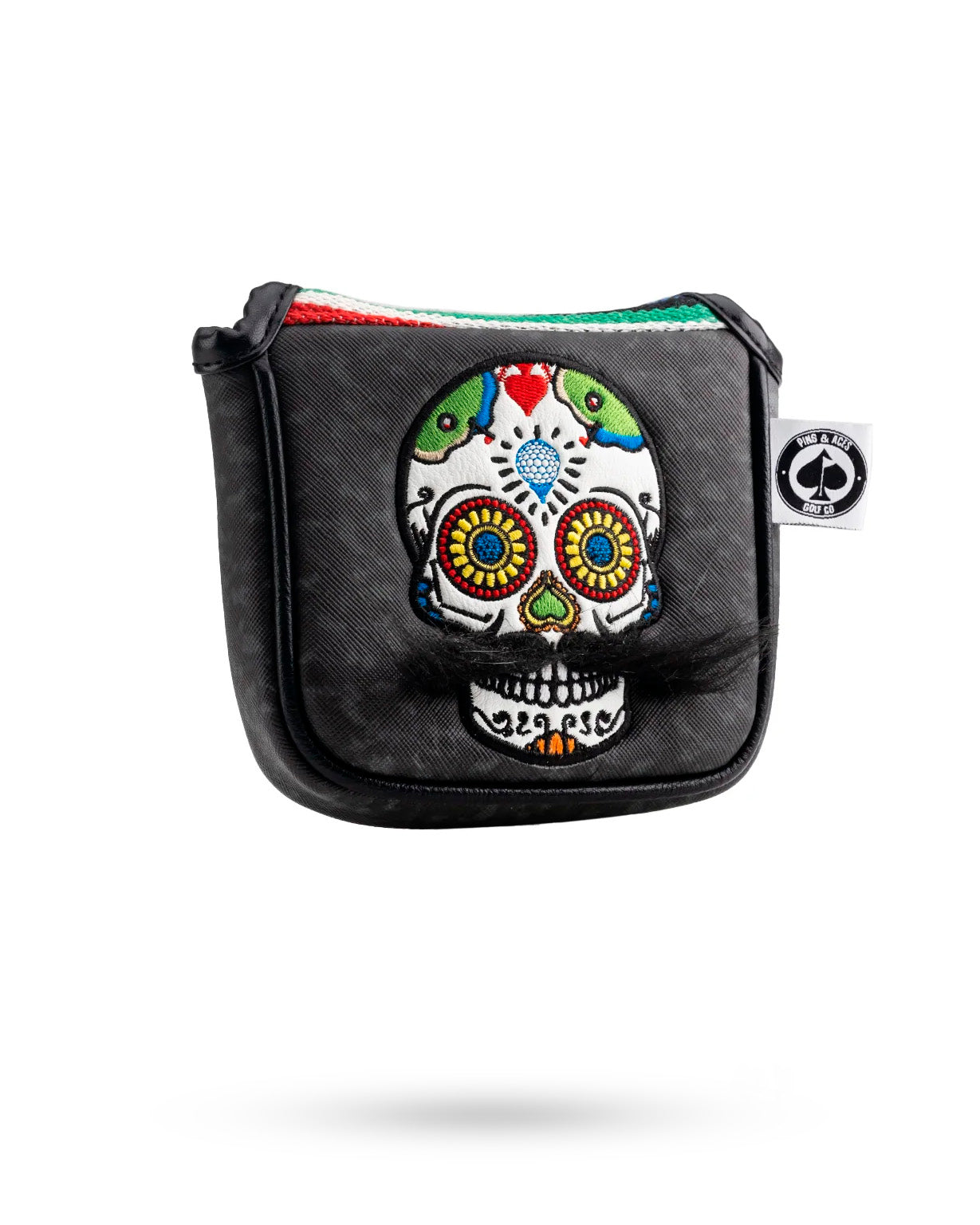 Pins and Aces Mustache Sugar Skull - Mallet Putter Cover Gray Camo — detail close-up