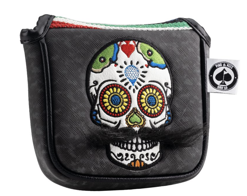 Pins and Aces Mustache Sugar Skull - Mallet Putter Cover Gray Camo — side view