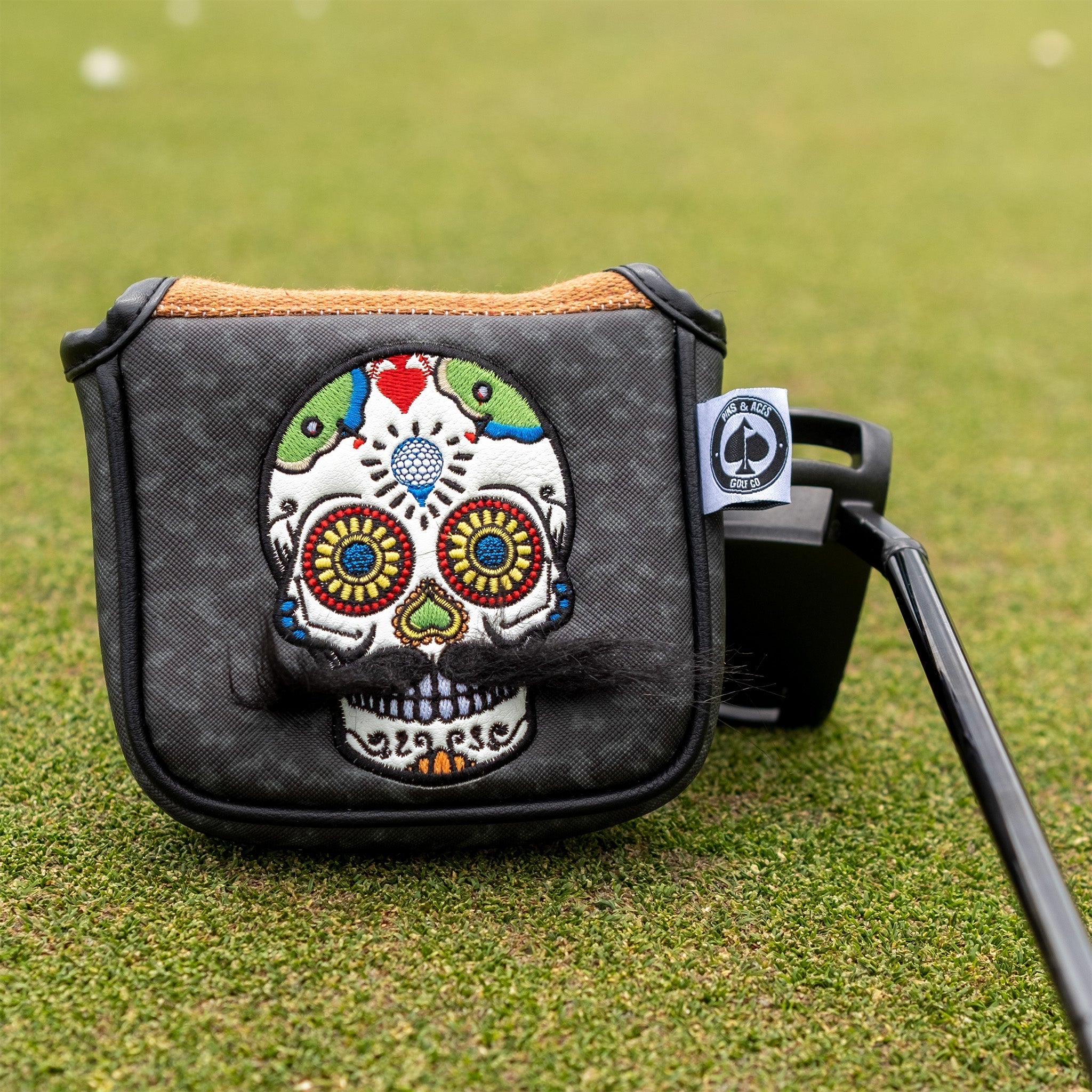 Pins and Aces Mustache Sugar Skull - Mallet Putter Cover Gray Camo — alternative angle