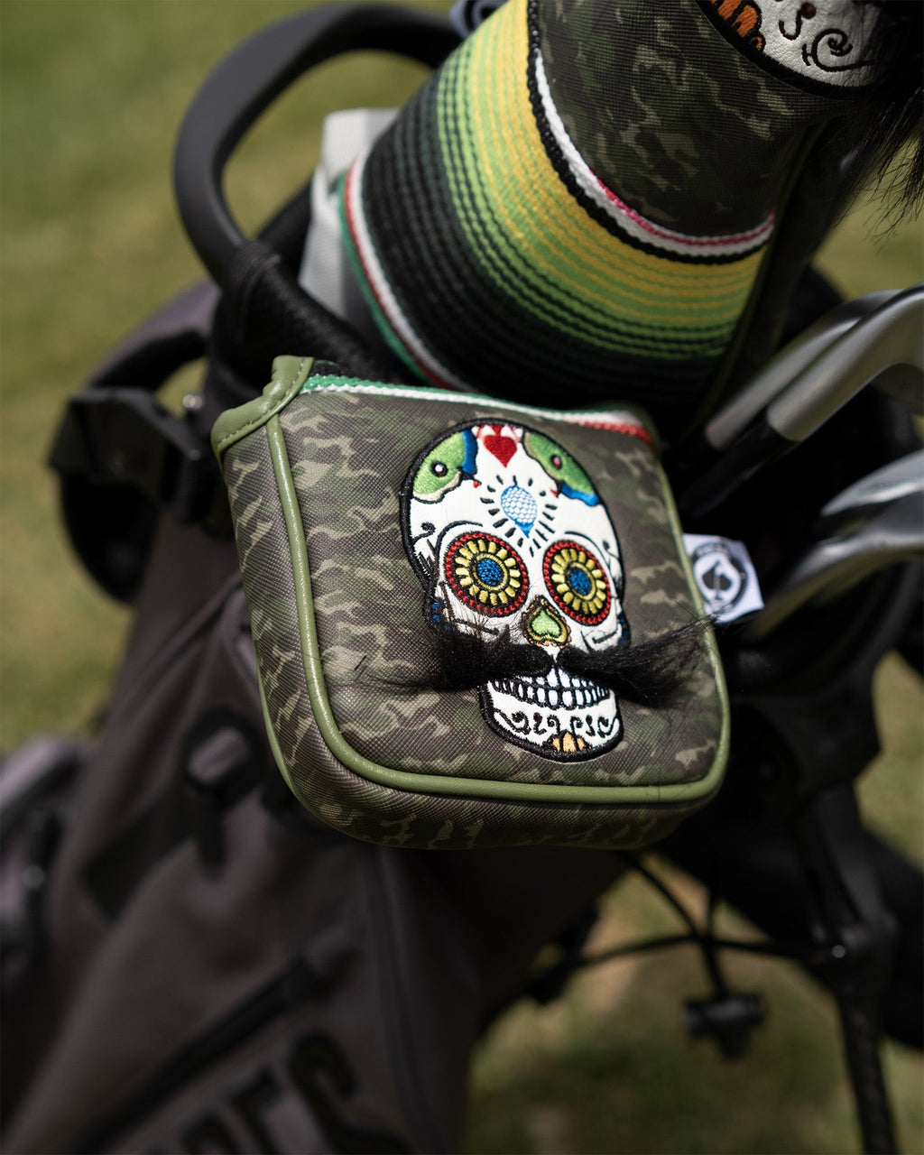 Mustache Sugar Skull - Mallet Putter Cover Green Camo – Pins and Aces, view 6