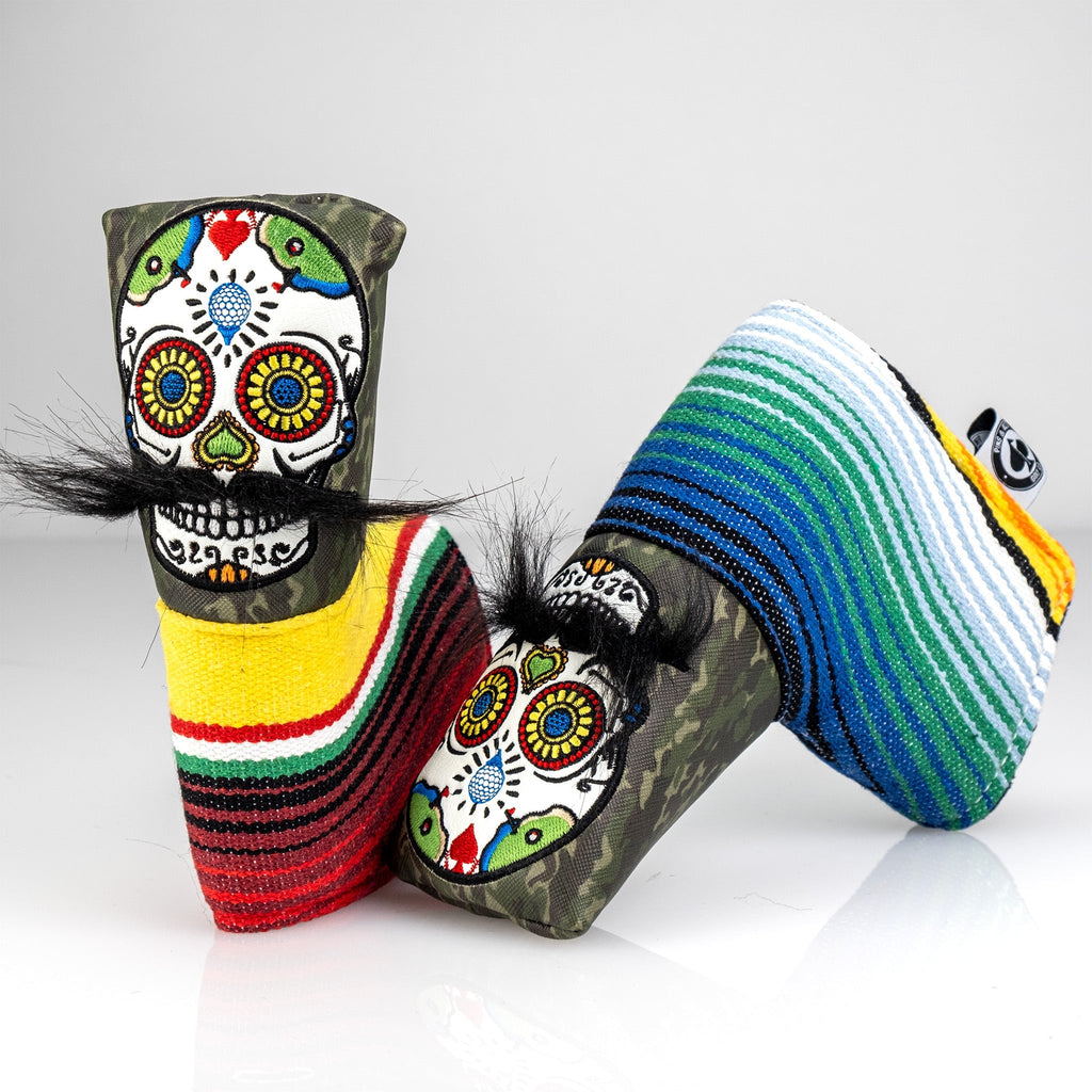 Pins and Aces Mustache Sugar Skull - Blade Putter Cover Green Camo — packaging