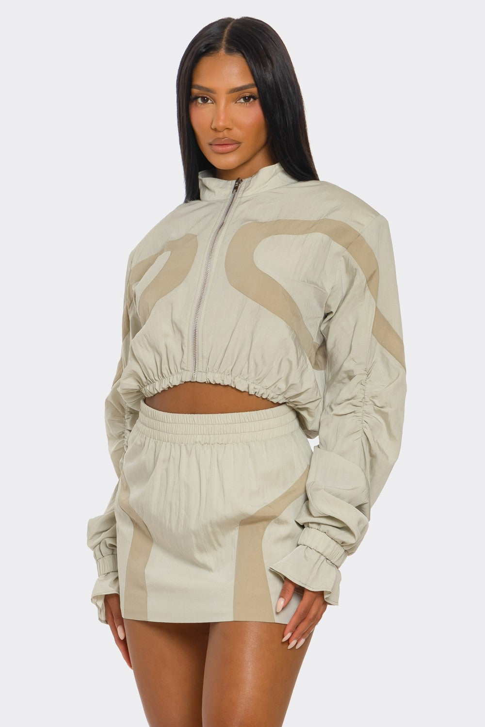Two-Tone Nylon Windbreaker Skirt Set