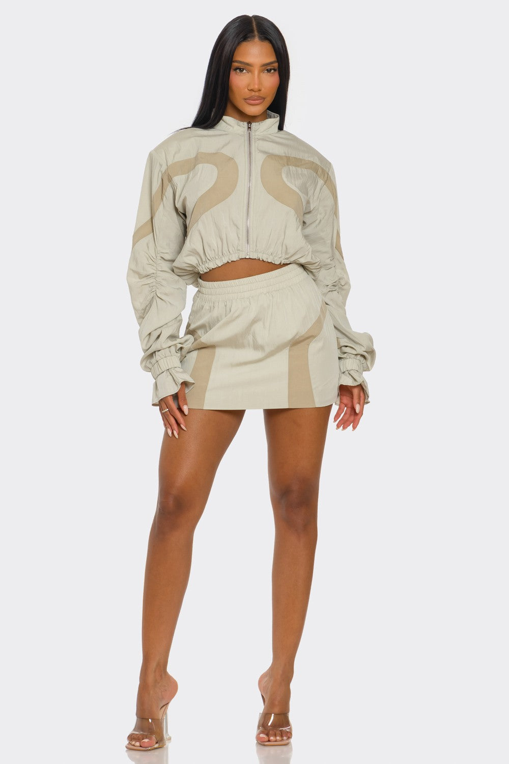 Two-Tone Nylon Windbreaker Skirt Set
