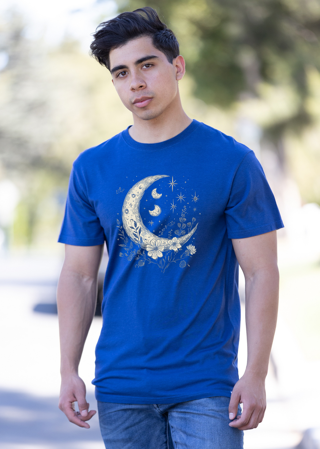 Spun Bamboo Moons and Stars Boho Flowers Vintage Unisex Bamboo/Cotton Graphic T-Shirt — lifestyle context