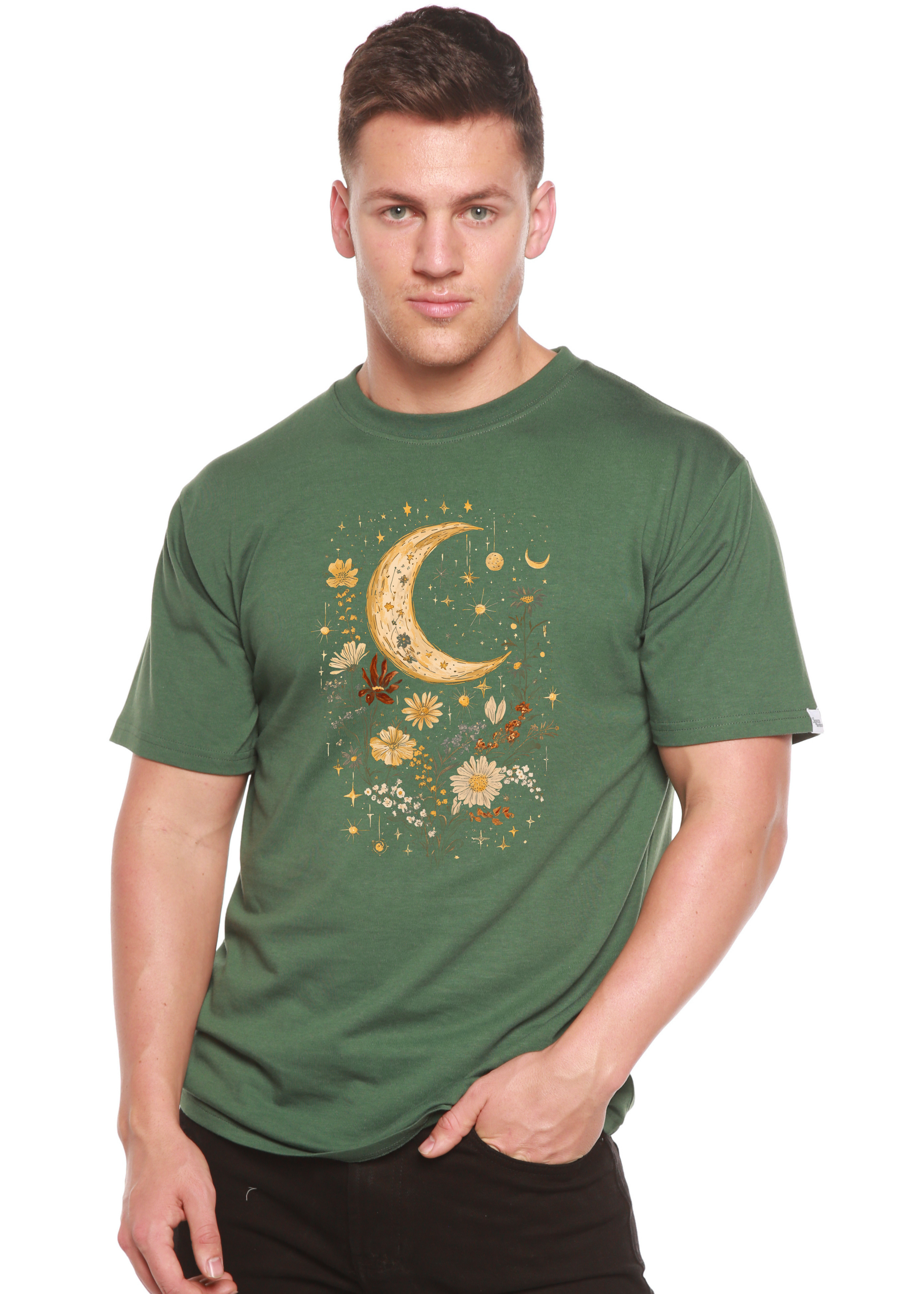 Spun Bamboo Celestial Moon Boho Flowers Vintage Unisex Bamboo/Cotton Graphic T-Shirt — fabric or material detail