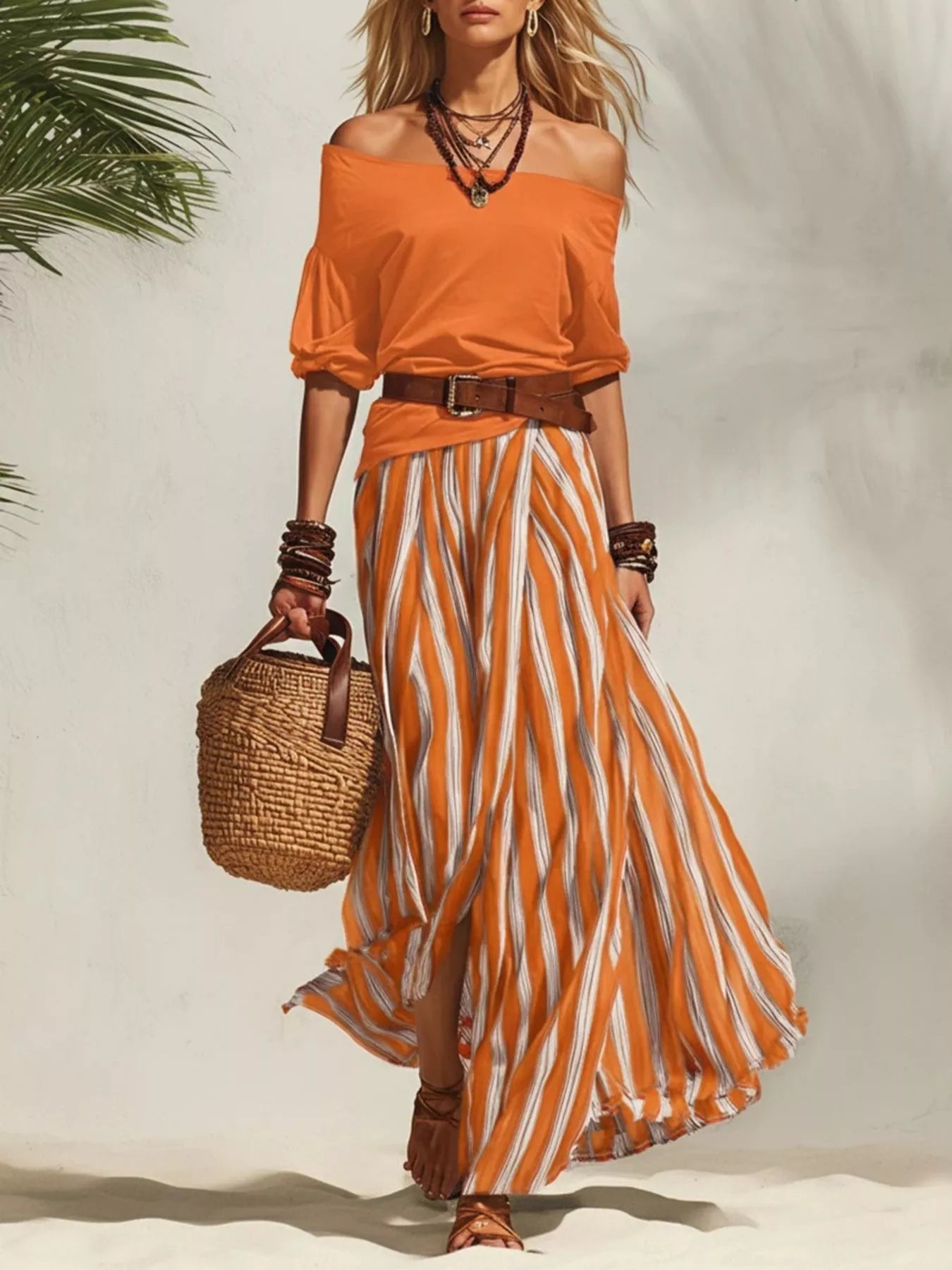 Off Shoulder Top and Striped Maxi Skirt Set