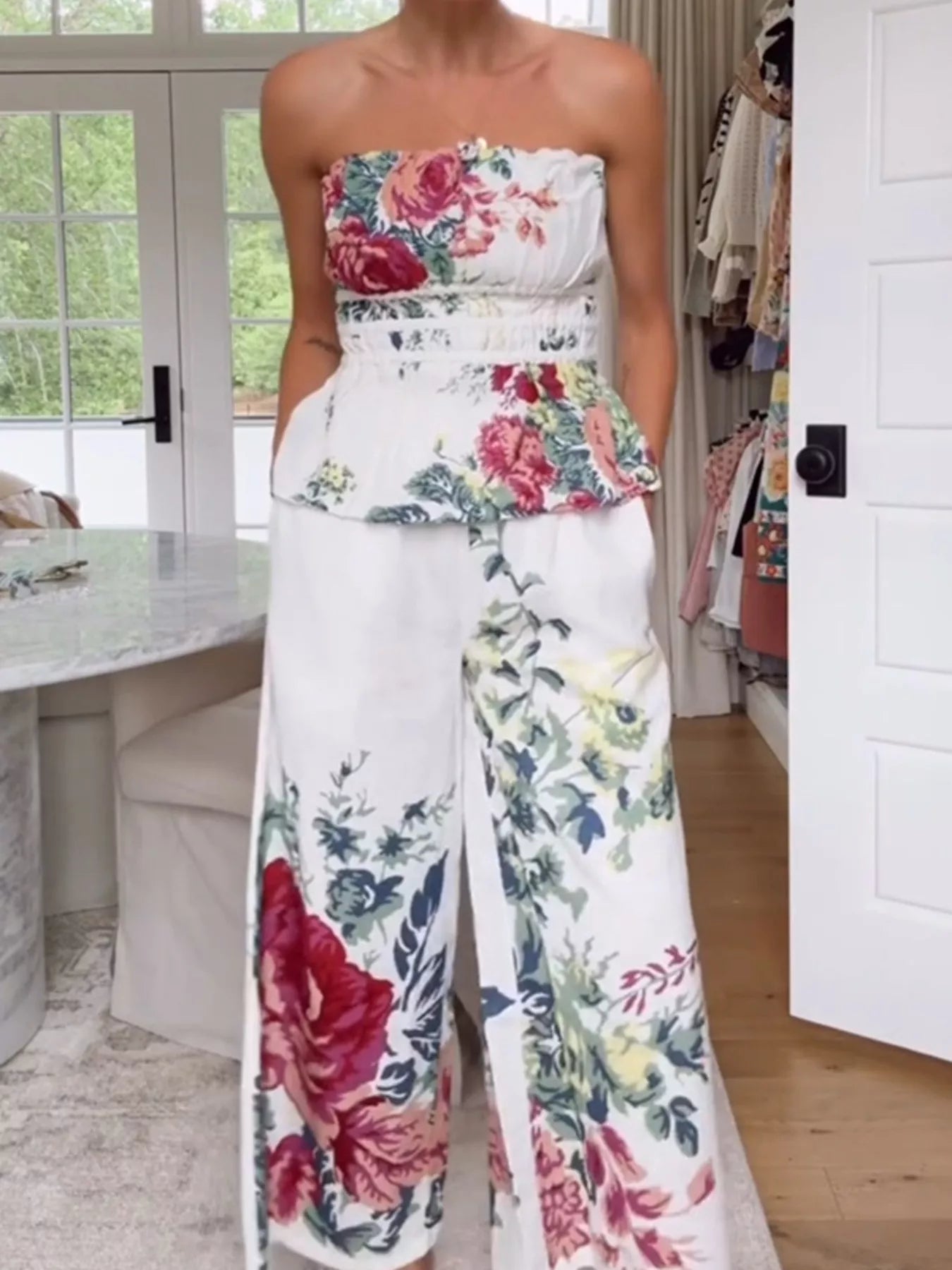 Floral Print Strapless Top and Wide-Leg Pants Set