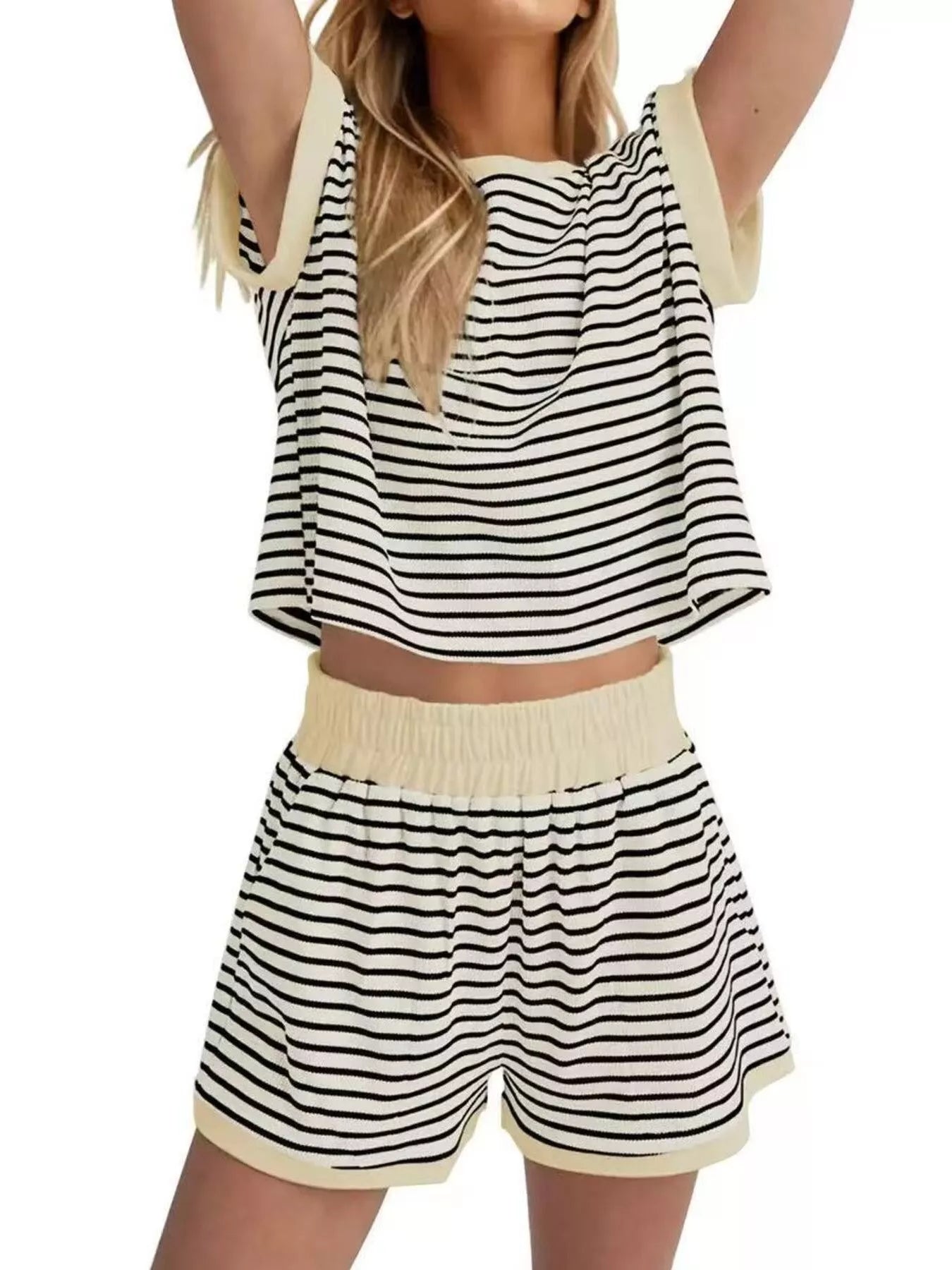 Full Size Striped Round Neck Top and Shorts Set Plus Size