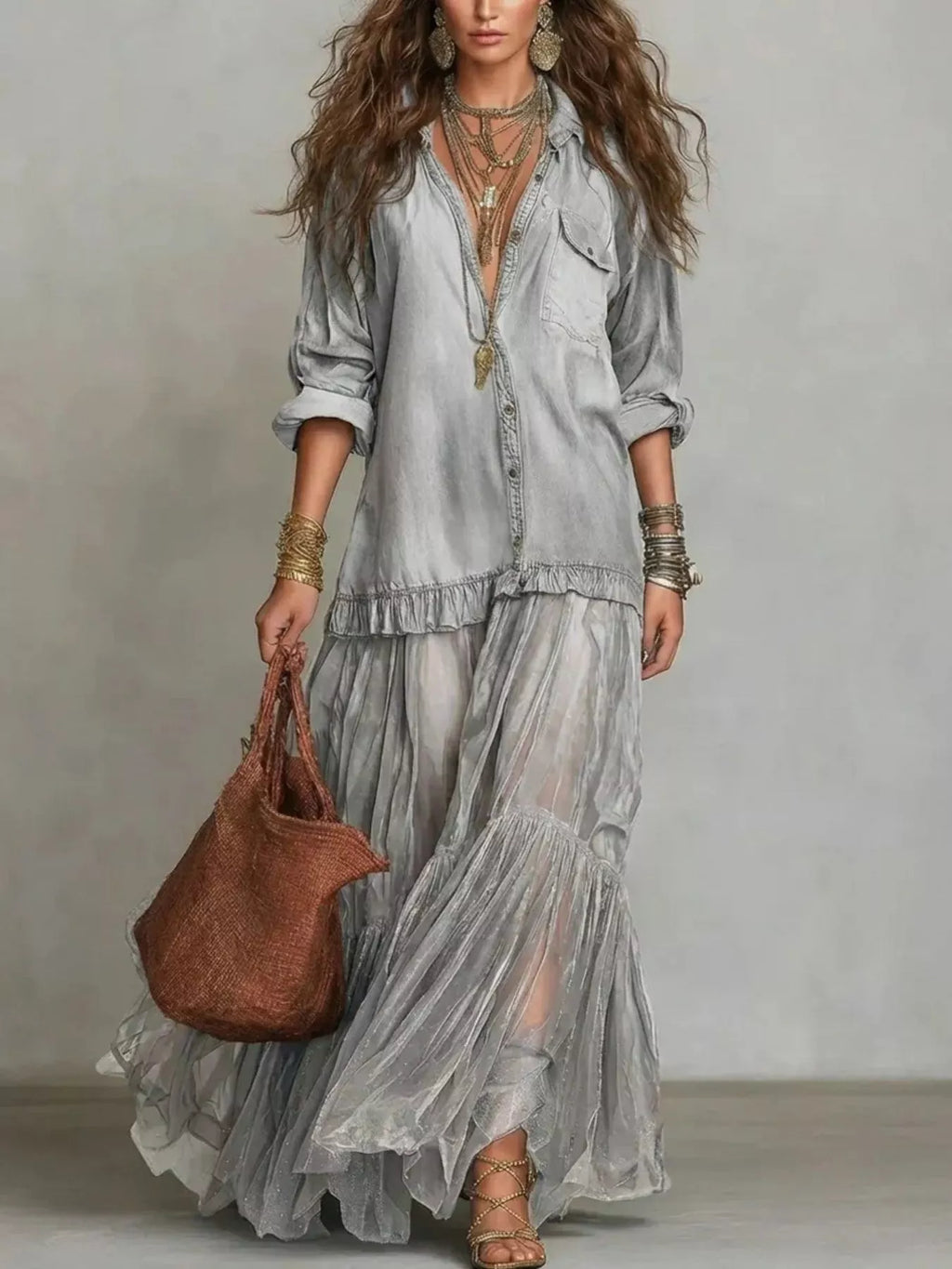 Long Sleeve Sheer Ruffle Maxi Dress
