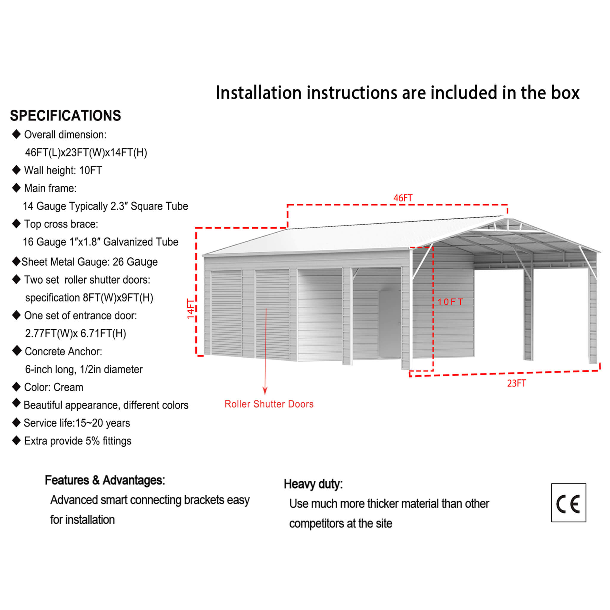 [23X46FT] Heavy-Duty Steel Garage Storage Shed With Reinforced Roof And 2 Doors (SAK29384) – SAKSBY WHOLESALE, view 10