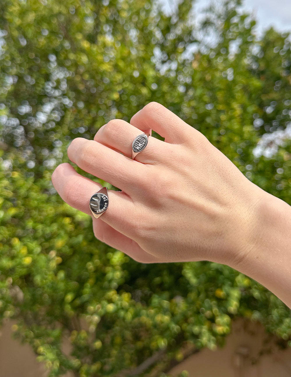 Elevated Faith Silver Choose Joy Ring — detail close-up