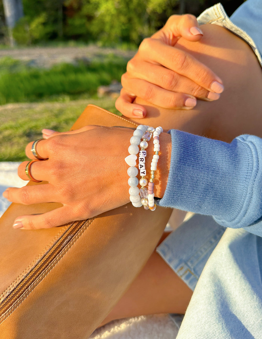 Elevated Faith Pray Pearl Letter Bracelet — side view