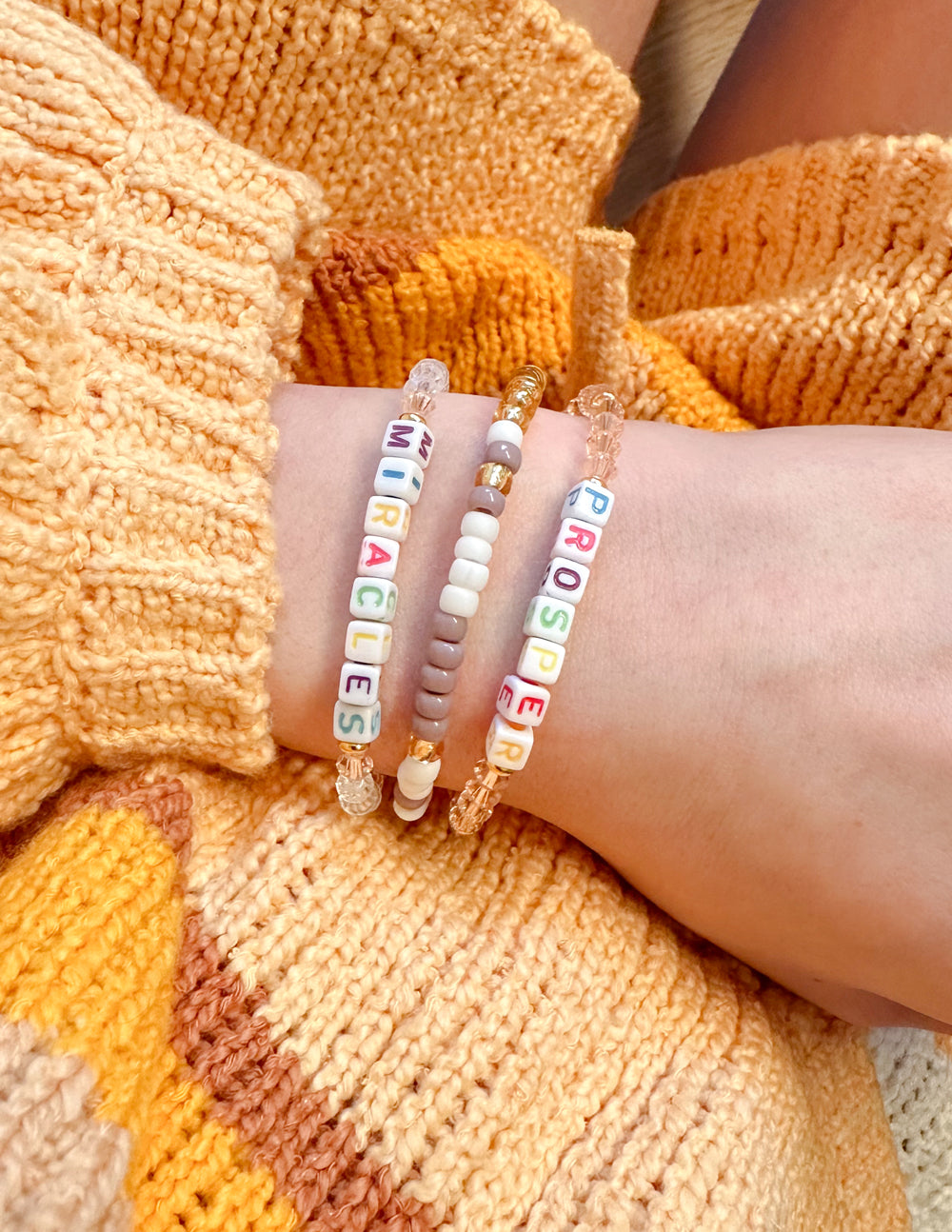 Elevated Faith Miracles Letter Bracelet — detail close-up