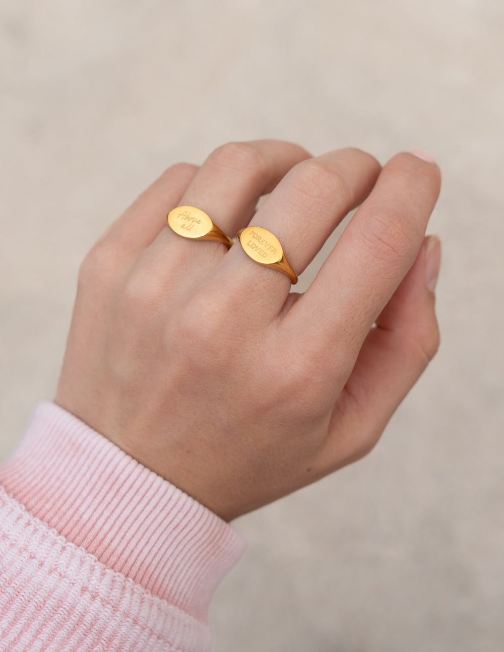 Elevated Faith Forever Loved Oval Signet Ring — detail close-up