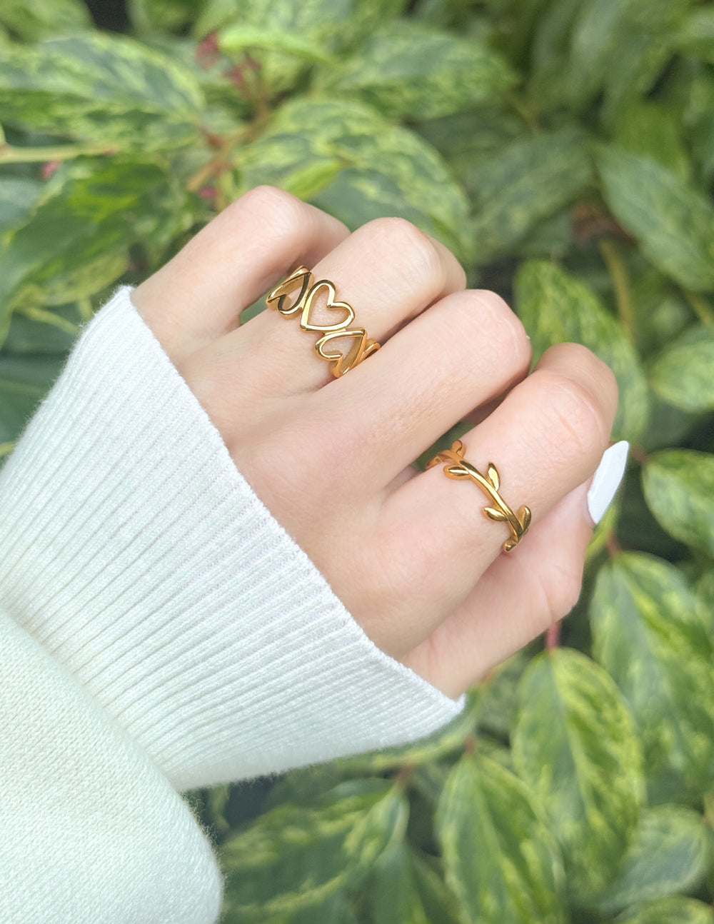 Elevated Faith Dainty Olive Branch Ring — detail close-up