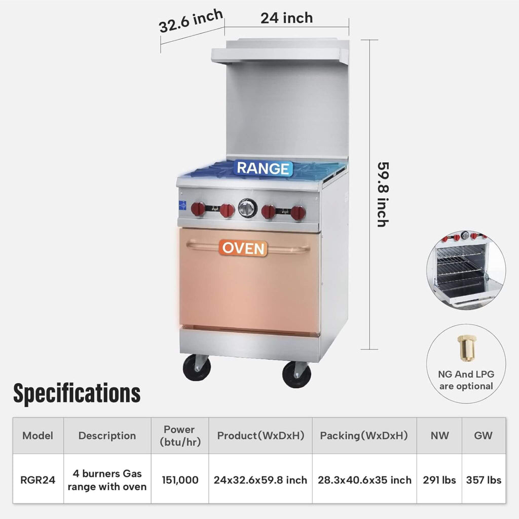 24-Inch Commercial 151K BTU 4-Burner Stainless Steel Freestanding Gas Range (SAK70931) – SAKSBY WHOLESALE, view 5