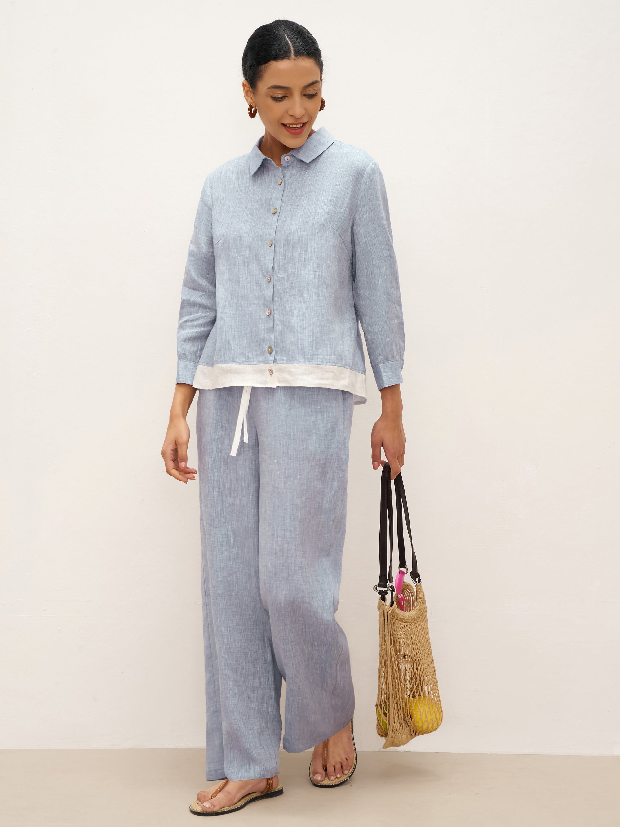 LINTICO 100% Linen Buttoned Closure Color-Blocked Shirt JANICE — detail shot 9