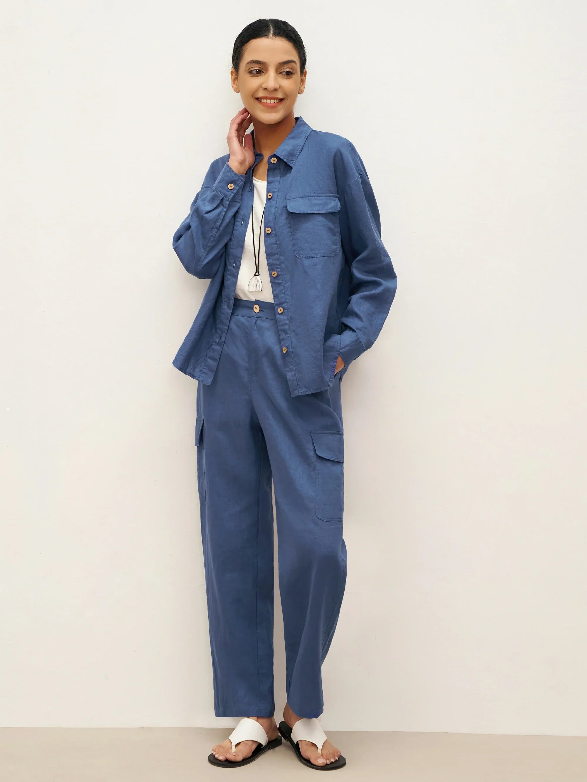 LINTICO 100% Linen Flap-Patch Buttoned Closure Shirt Jacket JANE — detail shot 8