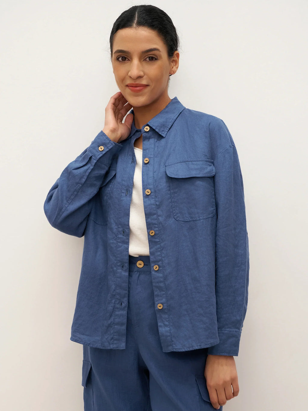 LINTICO 100% Linen Flap-Patch Buttoned Closure Shirt Jacket JANE — construction detail