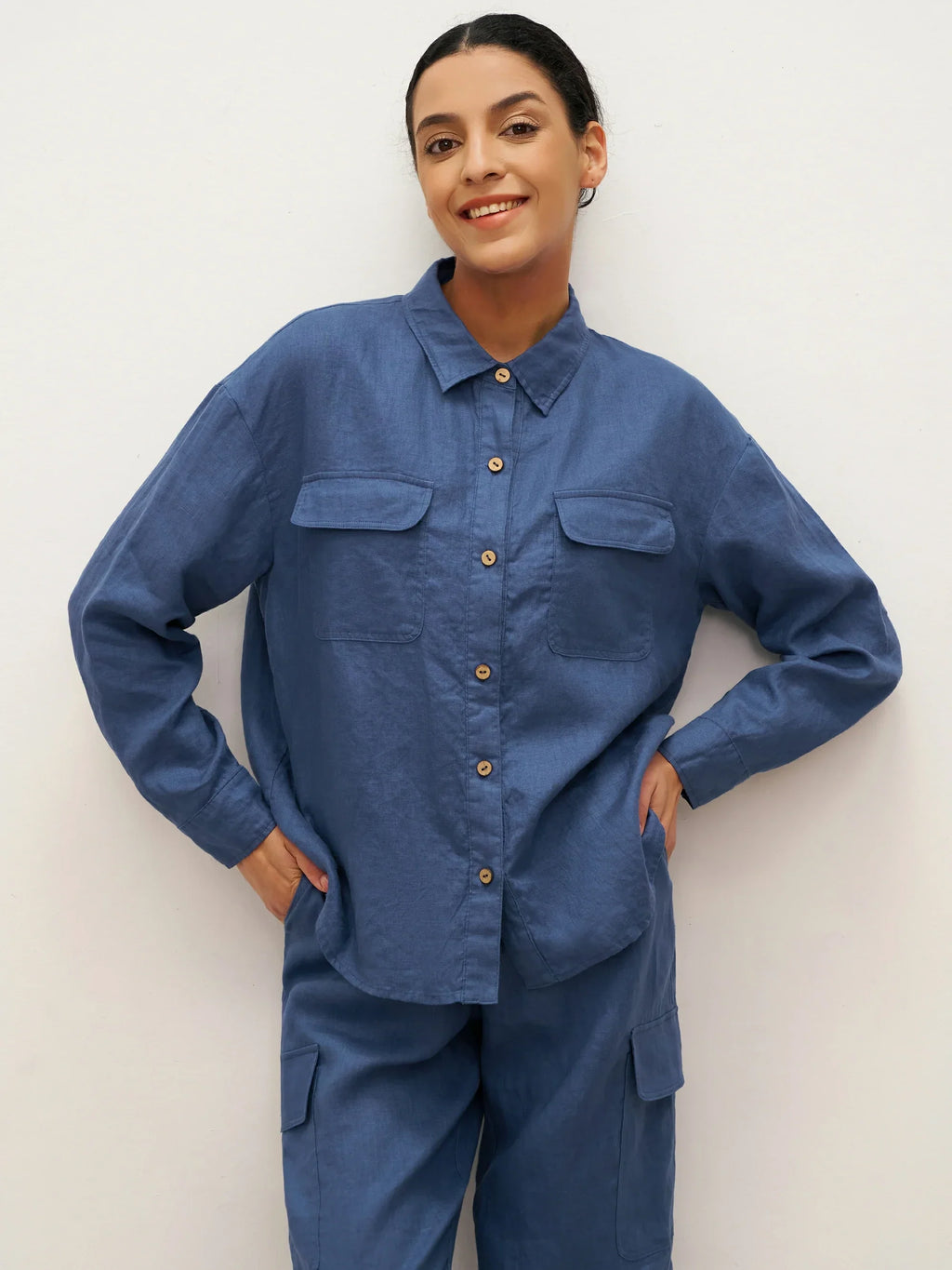 LINTICO 100% Linen Flap-Patch Buttoned Closure Shirt Jacket JANE — detail shot 10