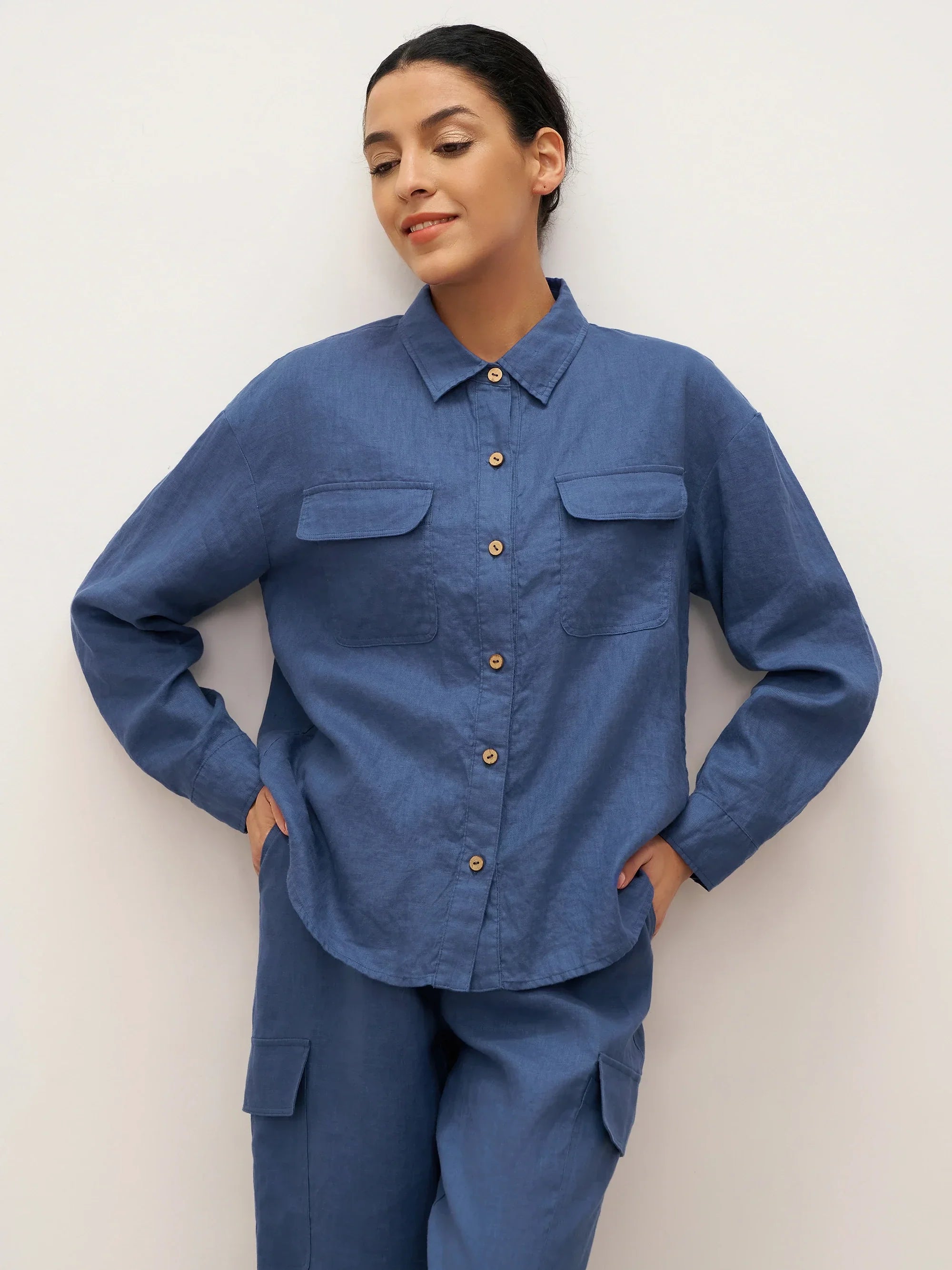 LINTICO 100% Linen Flap-Patch Buttoned Closure Shirt Jacket JANE — tops-shirts-linen category context