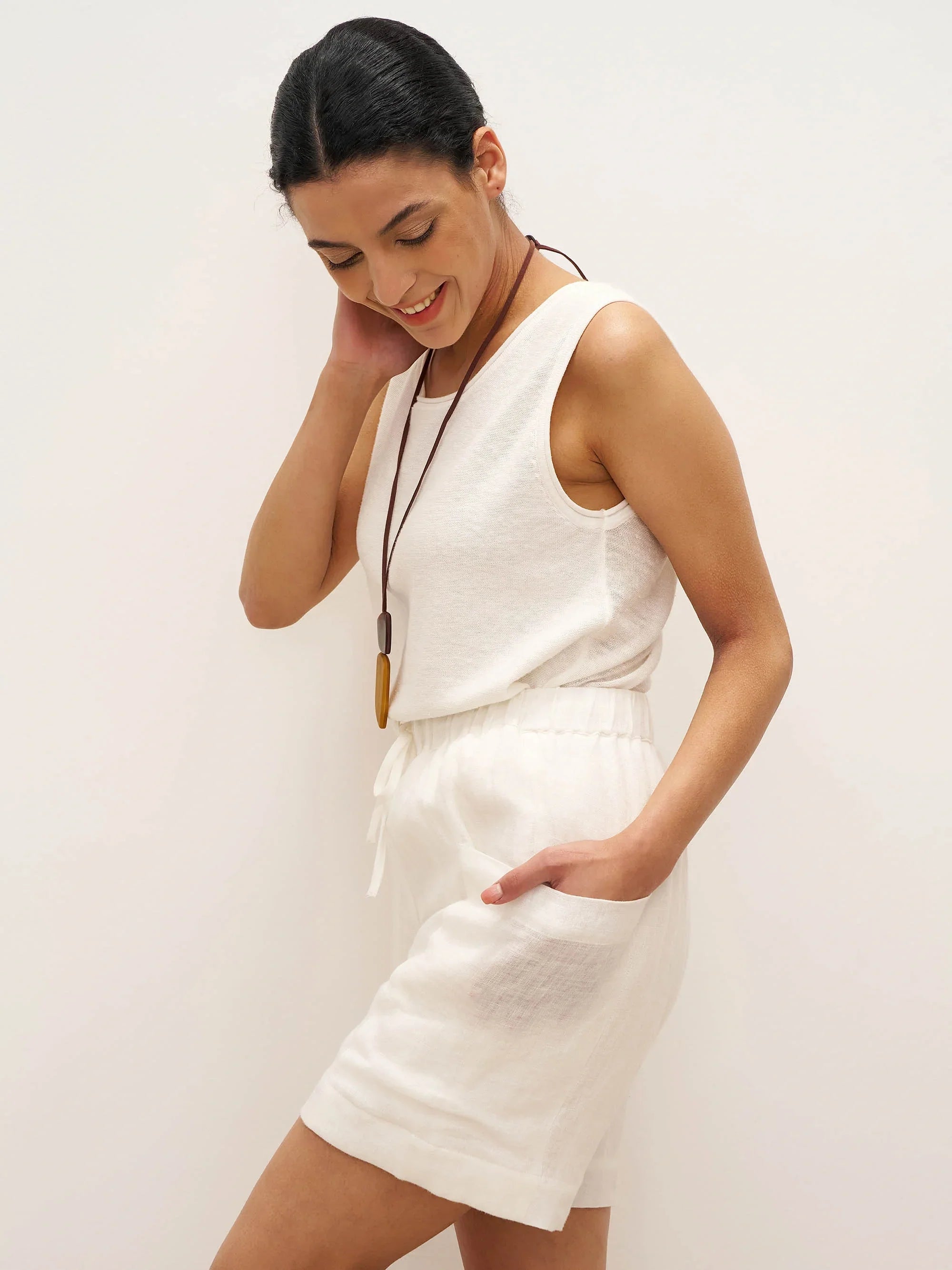 LINTICO 100% Linen Elastic Waist Drawstring Shorts with Pockets DELILAH — bottoms-shorts-linen category context