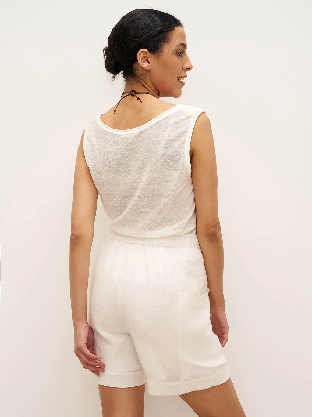 LINTICO 100% Linen Elastic Waist Drawstring Shorts with Pockets DELILAH — LINTICO branding close-up