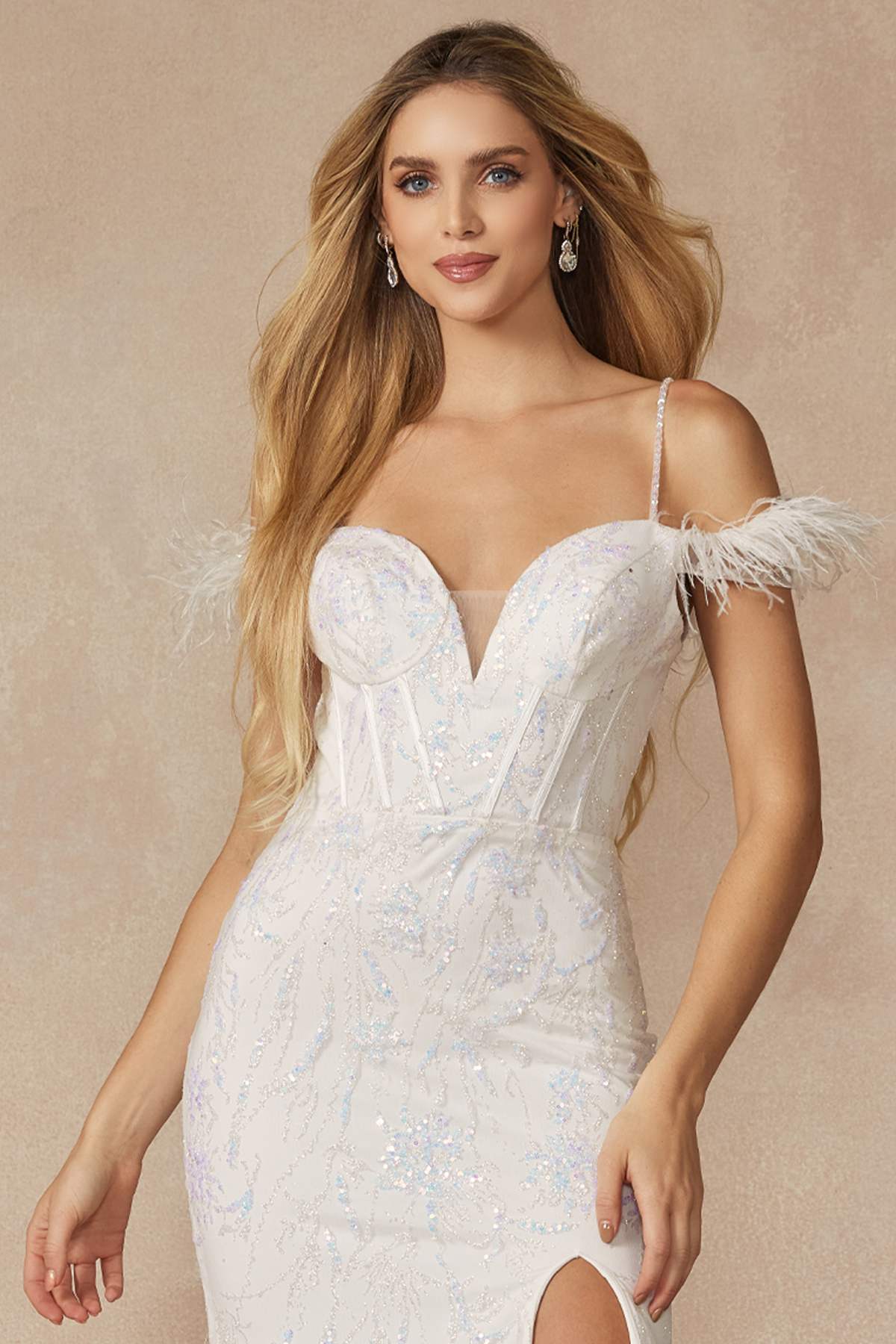 Juliet 2402 Glitter Leaf Sequin Gown with Feathered Sleeves and Slit
