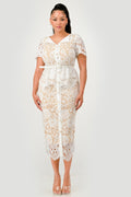 Button-Front Belted Lace Midi Dress – White