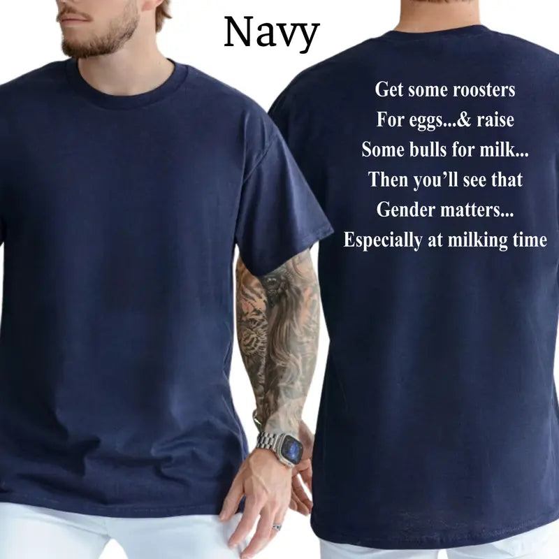 "Get Roosters and Bull to See Gender" Funny T-Shirt – Sarcastic Farmyard Humor Men's Unisex Graphic Tee