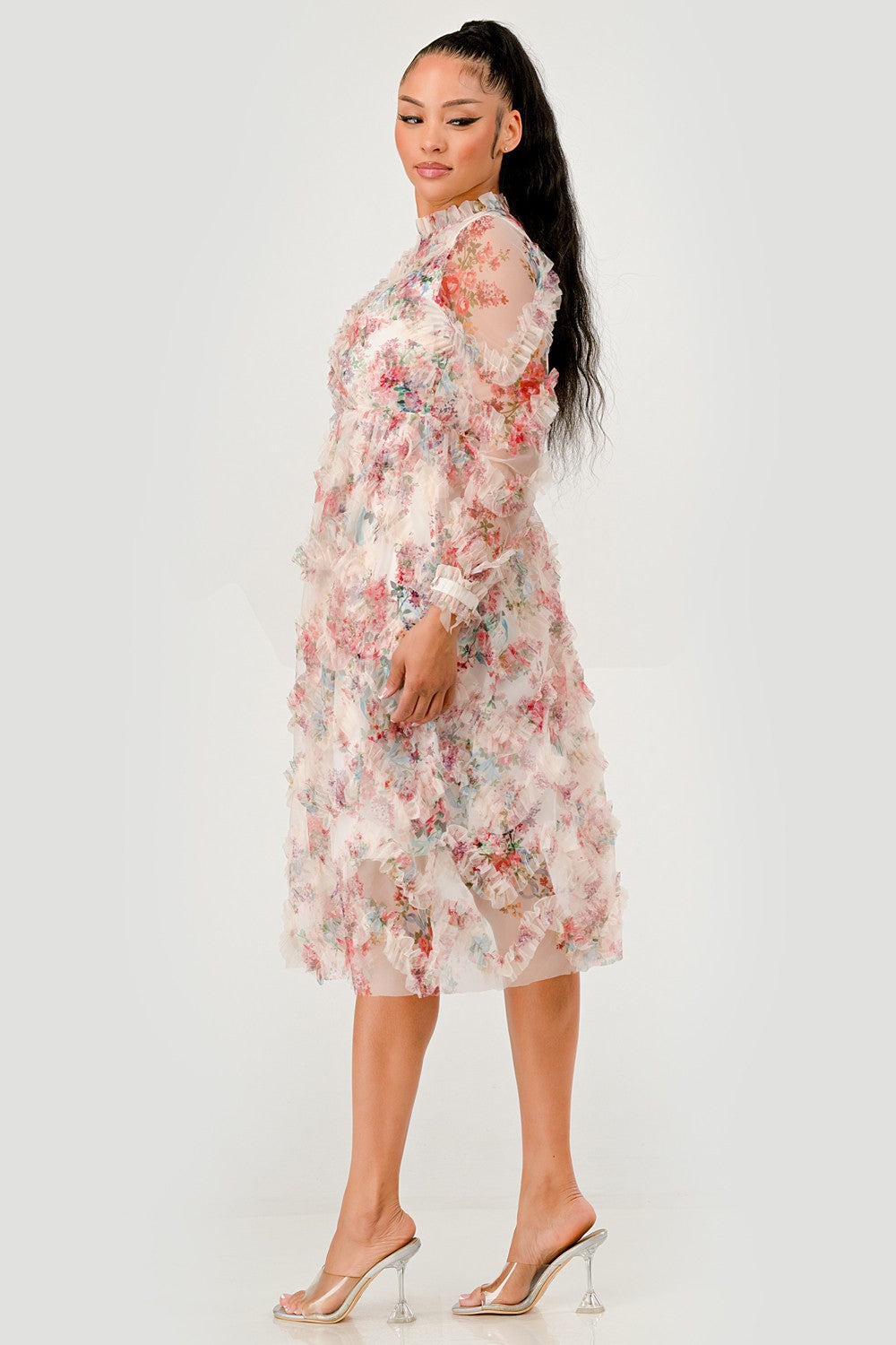 Floral Ruffle Sheer Midi Dress