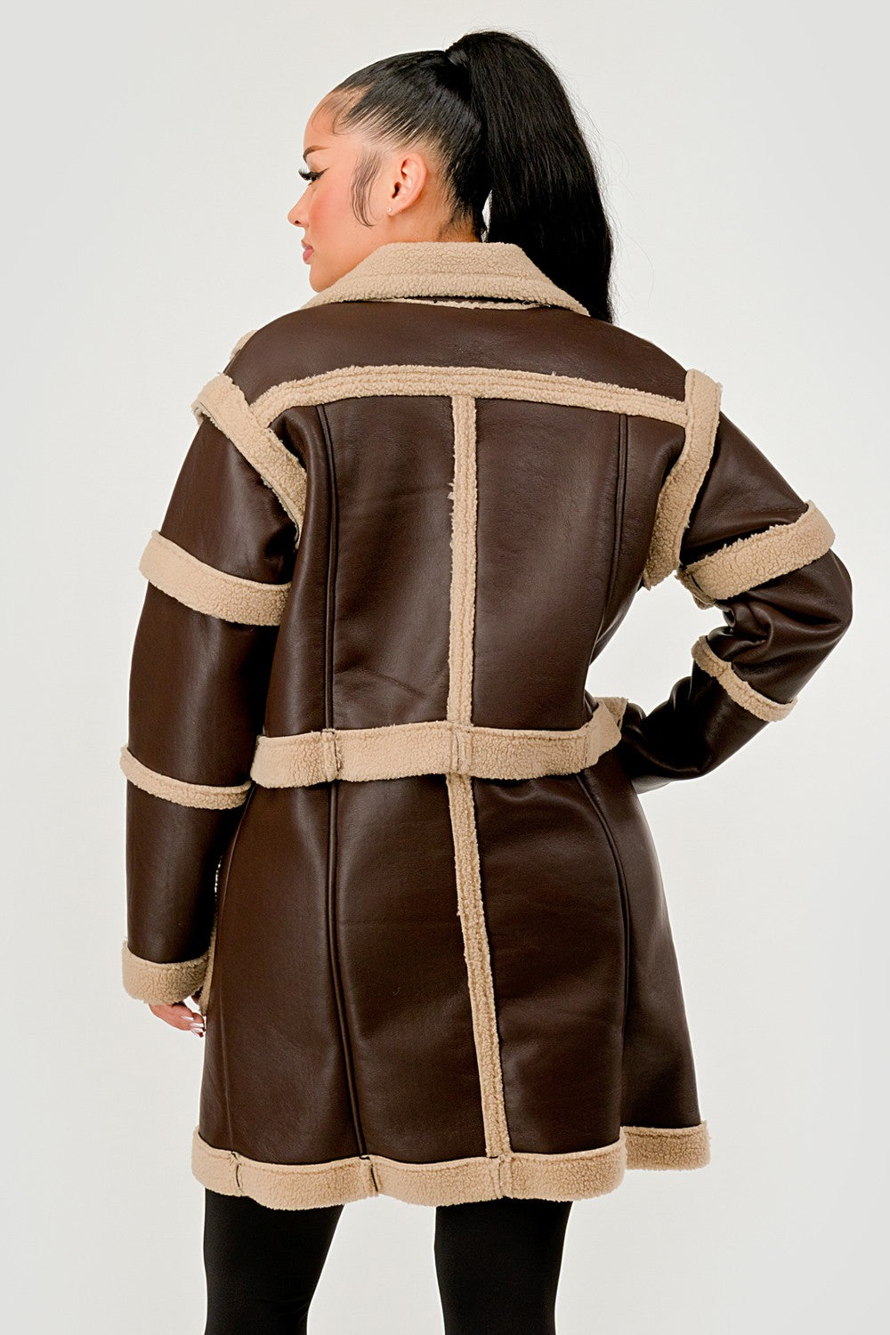 Brown Faux Leather Shearling Trim Coat